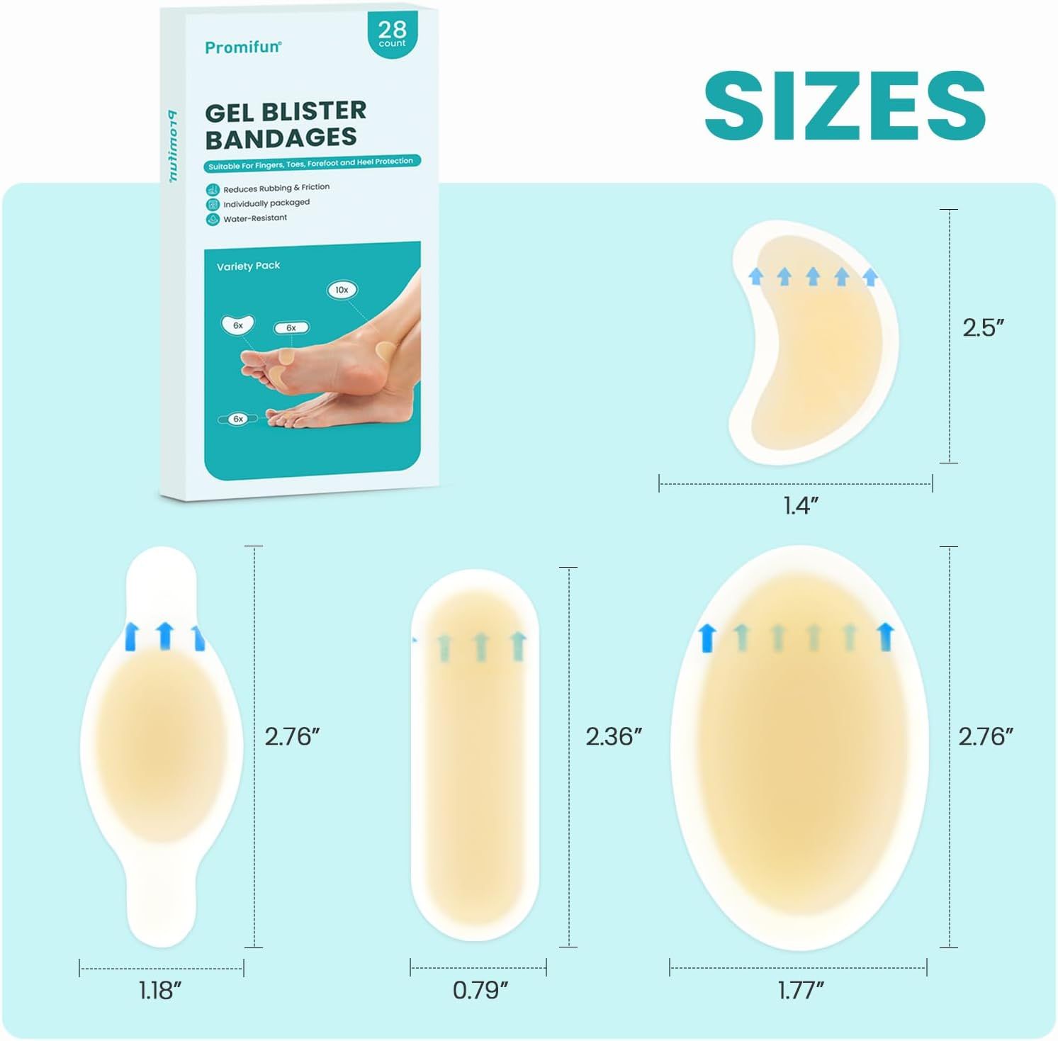 Mixpack di cerotti per vesciche. Varie forme e dimensioni. Dimensioni: 2,5", 2,76", 2,36", 1,4", 1,77", 1,18", 0,79".