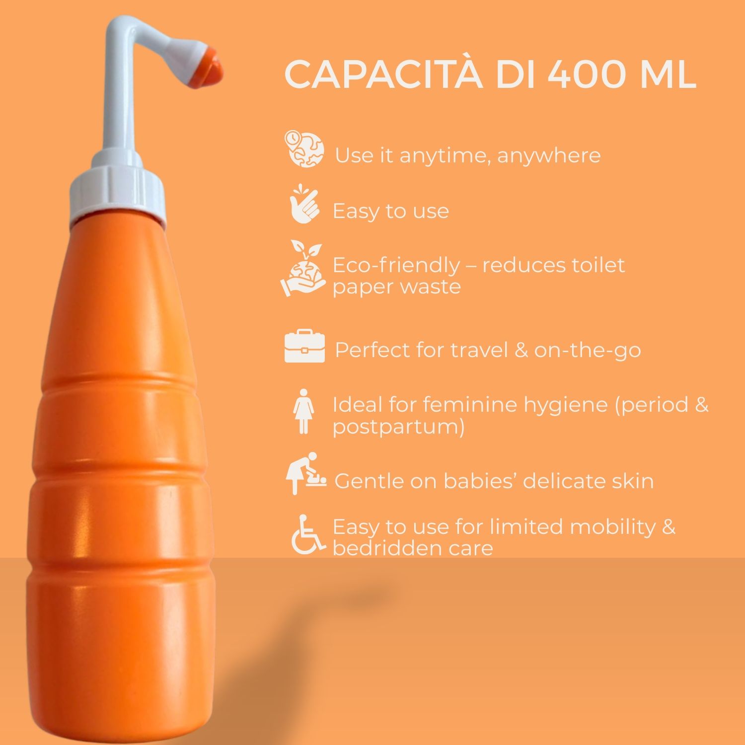 Flacone arancione con testina spray bianca. Testo: Capacità 400 ml. Icone: viaggio, igiene, bambino, mobilità. Testo: Facile da usare.