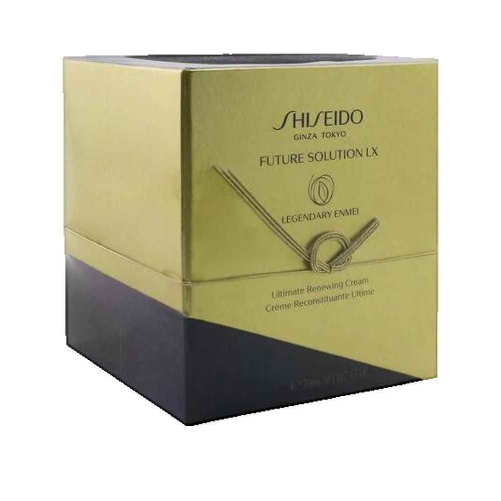 Confezione oro e nera. Scritta: SHISEIDO, FUTURE SOLUTION LX, Legendary Enmei, Ultimate Renewing Cream. Legata con cordino dorato.