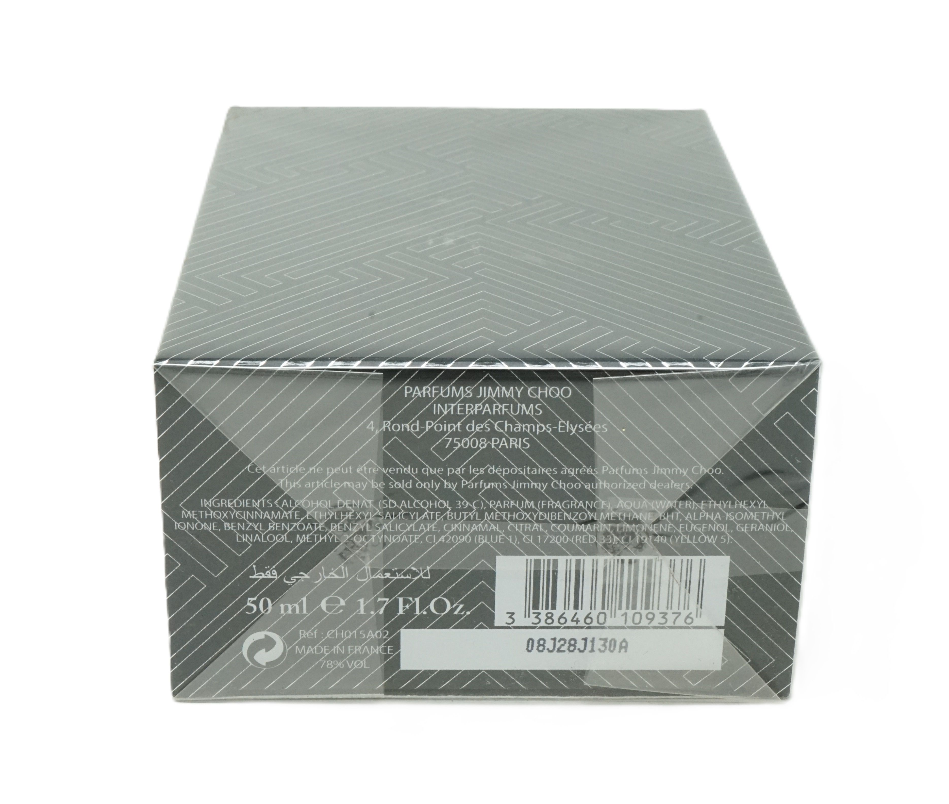 Scatola nera con motivi geometrici grigi. Testo: Jimmy Choo, 50 ml, 1.7 Fl.Oz.