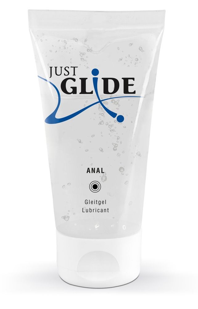 Tubo trasparente con tappo a scatto bianco, etichettato 'Gleitgel Lubricant'.