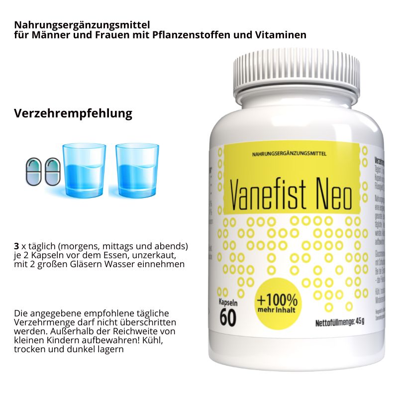 Flacone bianco con etichetta gialla. Scritta: Vanefist Neo, 60 capsule, +100% di contenuto in più. Integratore alimentare. Istruzioni con capsule e bicchieri d'acqua.