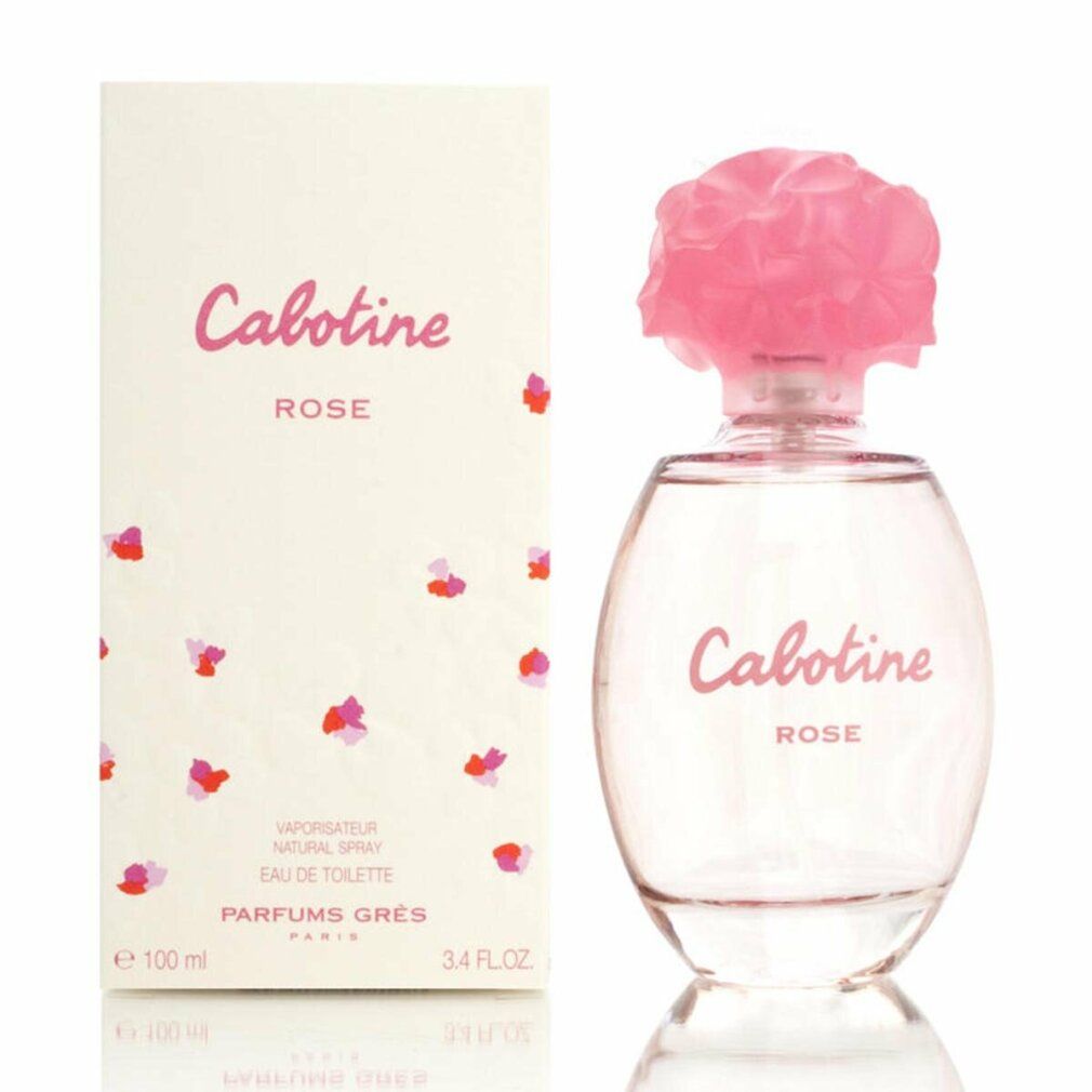 Flacone e confezione. Scritta Cabotine Rose. Confezione con motivi floreali.