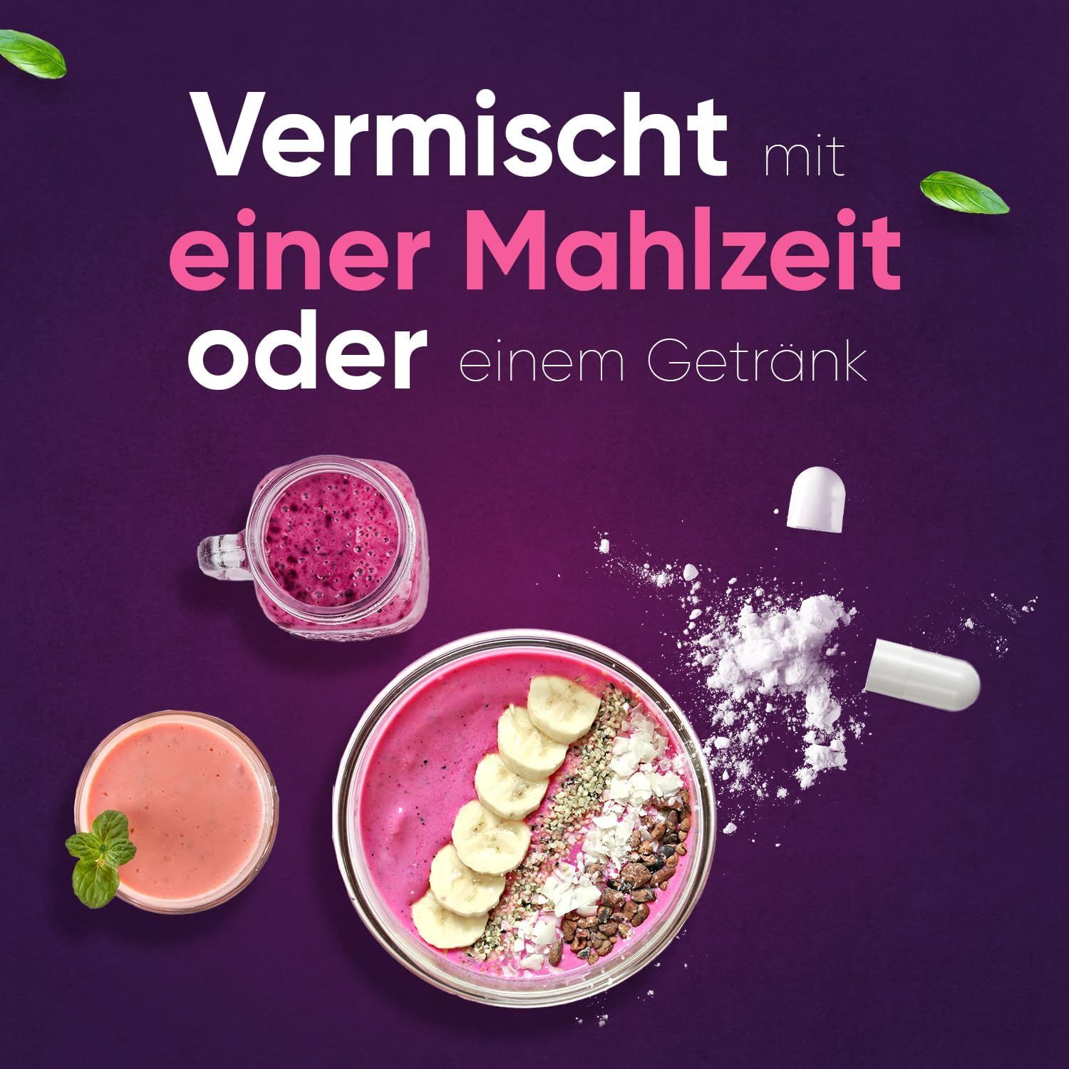 Vari alimenti e capsule di D-Mannosio. Testo: Mescolato con un pasto o una bevanda.