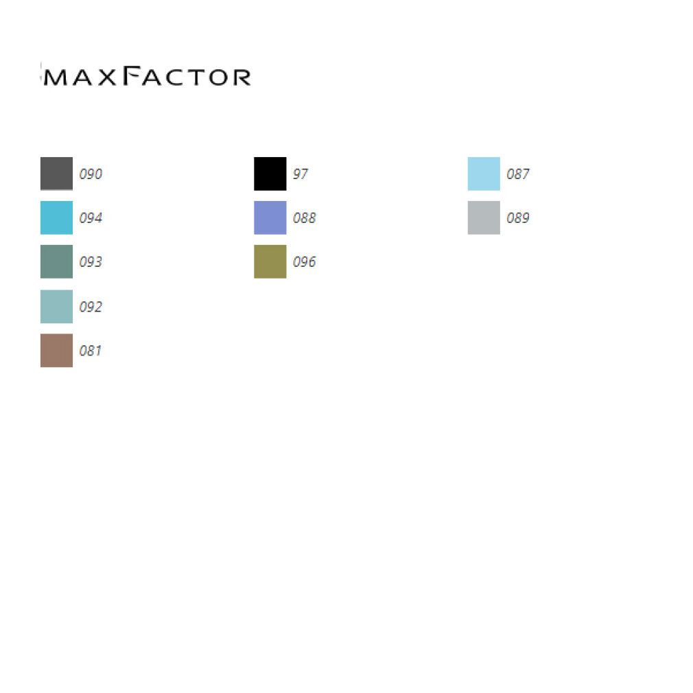 Palette colori matite kajal. Colori: 090, 094, 093, 092, 081, 97, 088, 096, 087, 089. Marchio: MAX FACTOR.