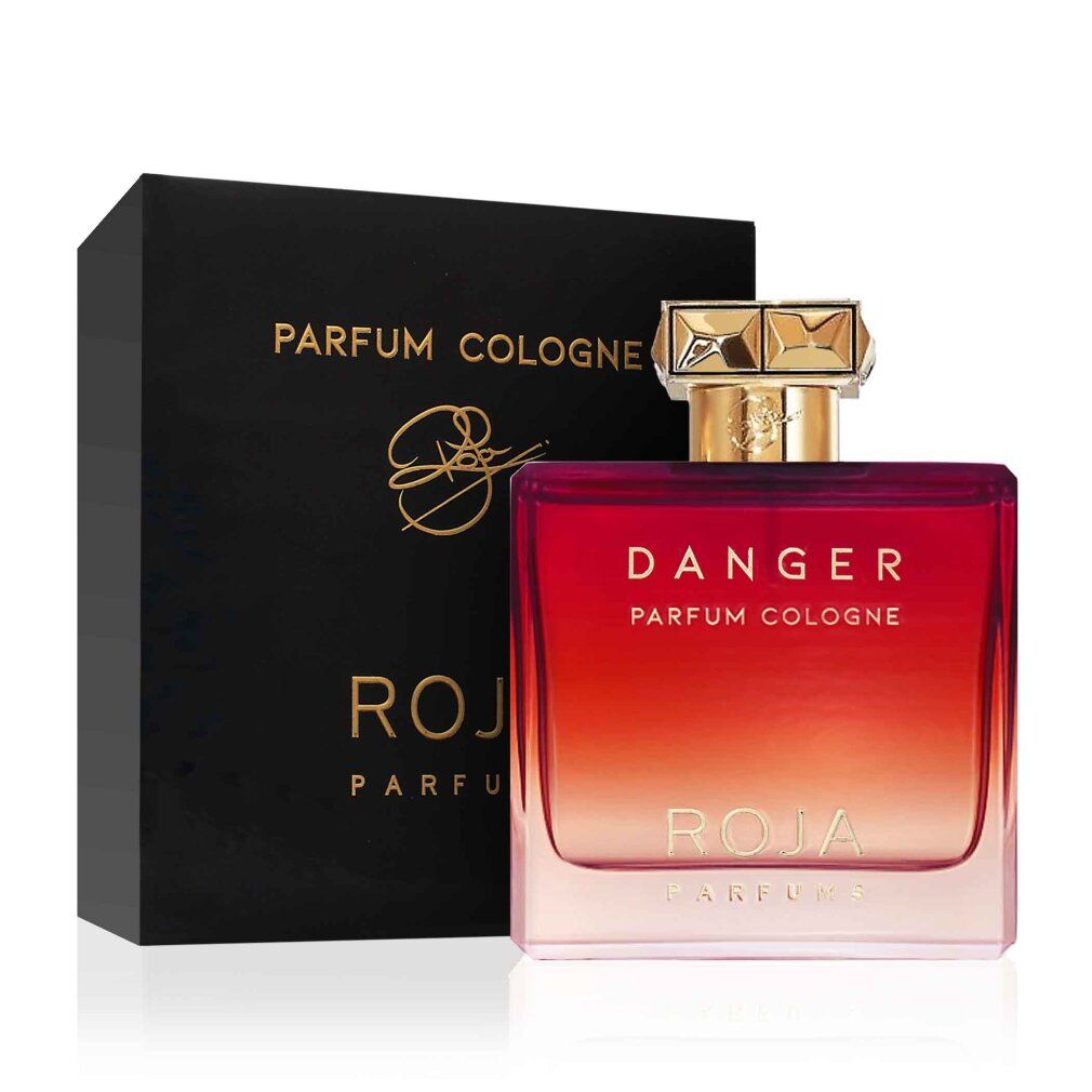 Confezione e flacone neri. Flacone sfumato rosso-rosa. Tappo dorato. Scritte: Roja Parfums, Danger.