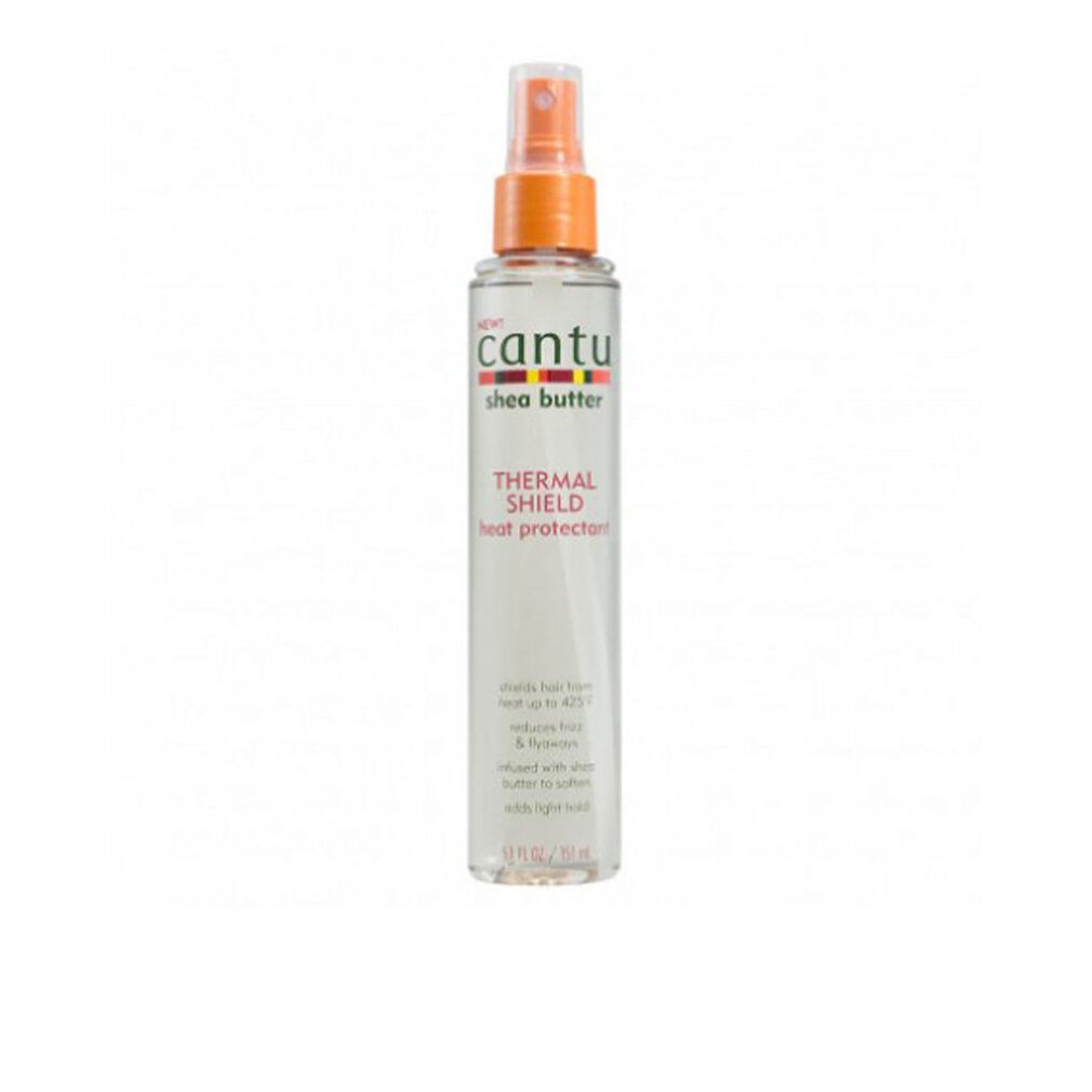 Flacone spray Cantu Thermal Shield. Scritta: "Thermal Shield Heat Protectant". Erogatore arancione. Liquido trasparente.