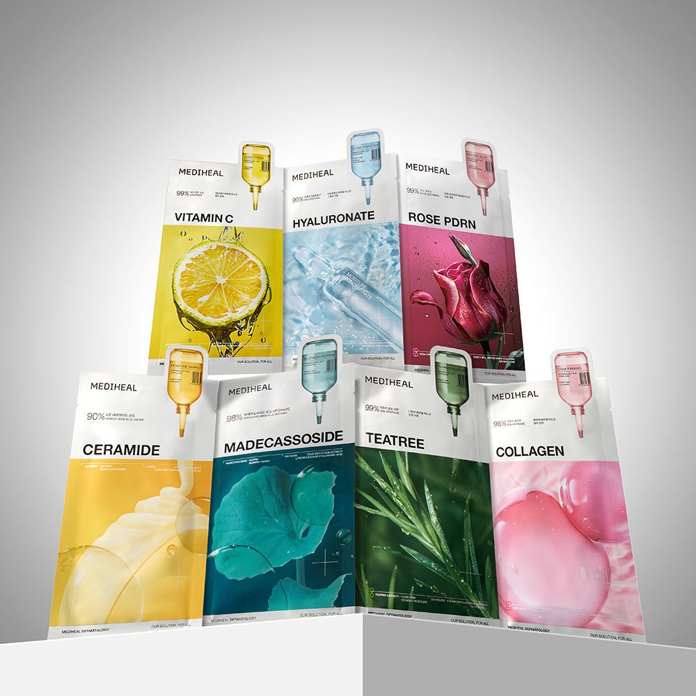 Diverse maschere in tessuto MEDIHEAL. Vari design con nomi di ingredienti. Design a contagocce.