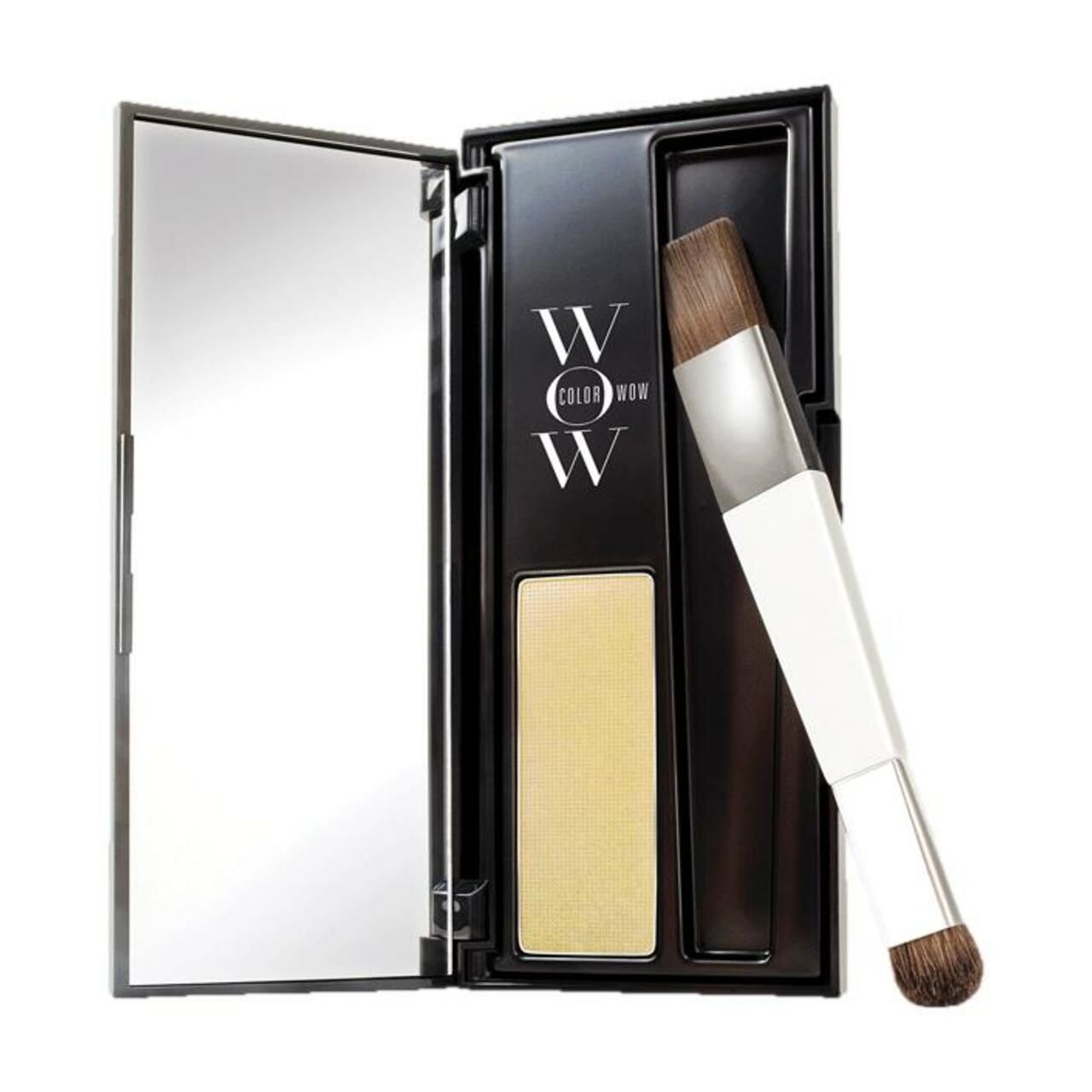 Palette Color Wow Root Cover Up, Blond. Palette nera con specchio e pennello. Contiene polvere. Logo del marchio visibile.