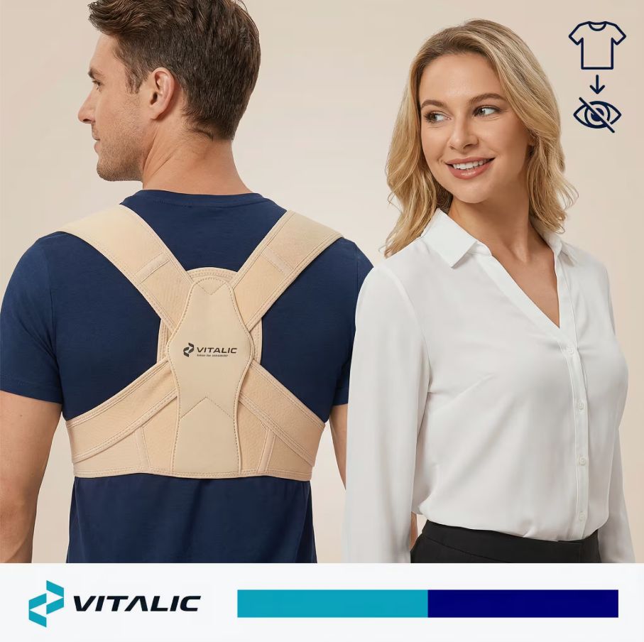 Uomo e donna con correttore posturale. Beige. Logo VITALIC. Testo: « Creare movimento ». Simbolo maglietta.