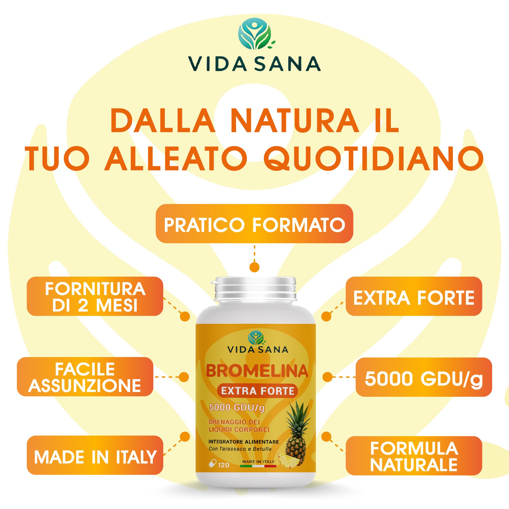 Layout giallo con flacone del prodotto. Testo: Vidasana Bromelina Extra Forte, 5000 GDU/g, Made in Italy, fornitura 2 mesi.