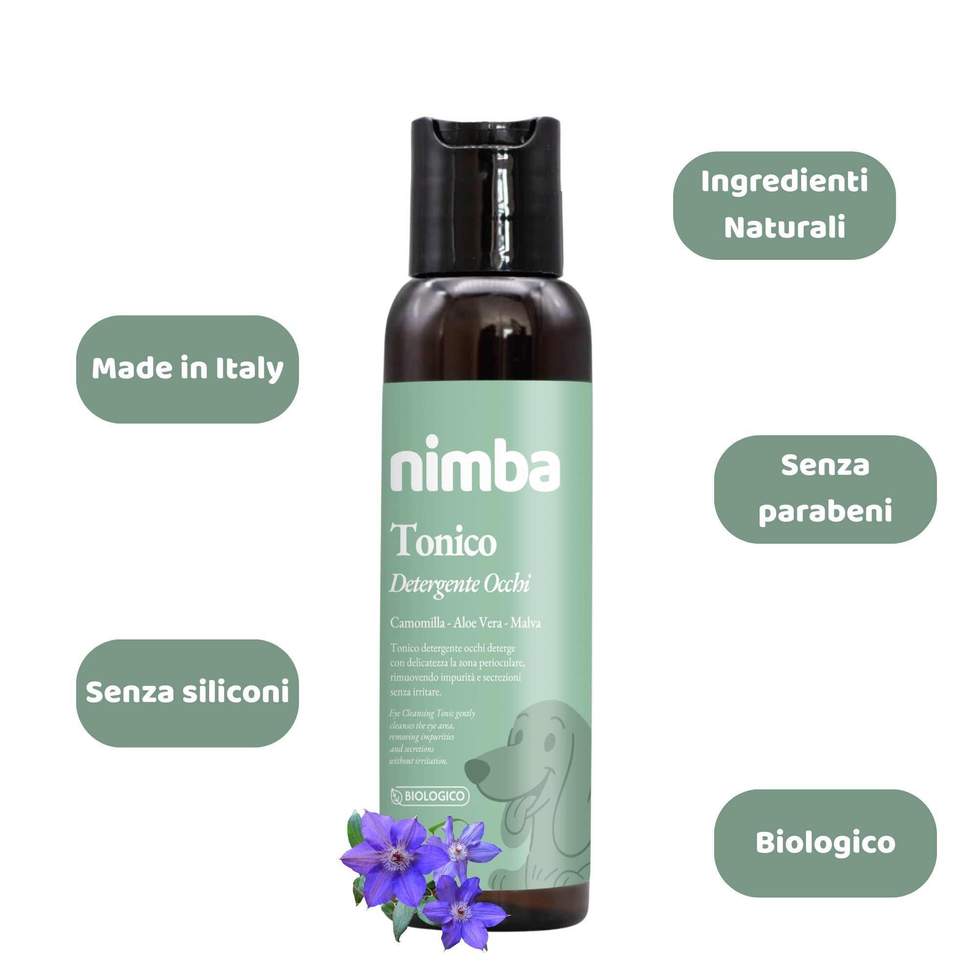 Flacone marrone con etichetta verde. Testo: Nimba Tonico Detergente Occhi. Testi aggiuntivi: Made in Italy, Senza siliconi, Senza parabeni, Biologico.