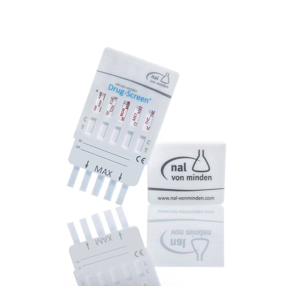 Test antidroga multiplo bianco. Mostra strisce reattive e indicatori per varie sostanze. Logo: nal von minden.