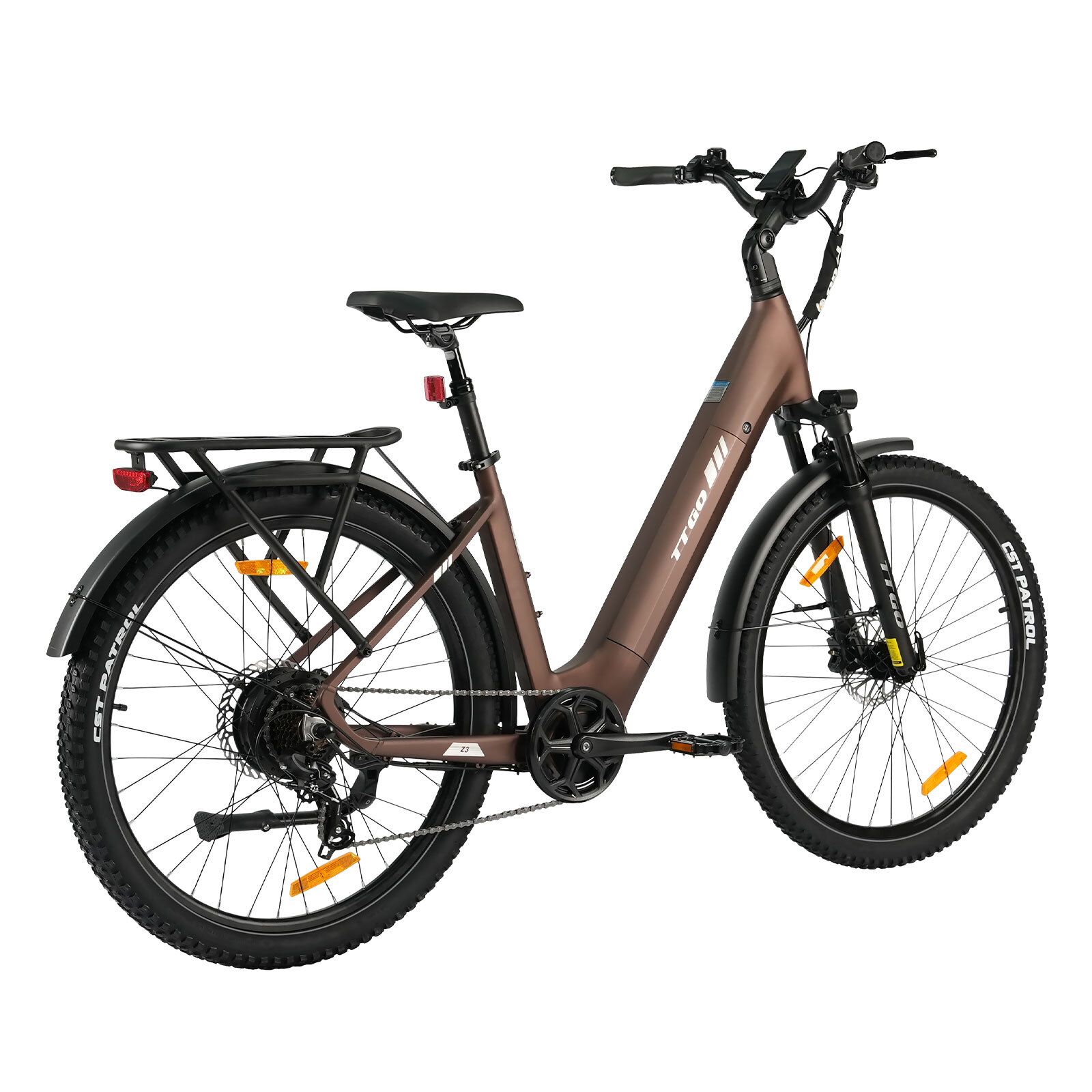 Bicicletta elettrica marrone con pneumatici neri, parafanghi e portapacchi. Freni a disco idraulici.