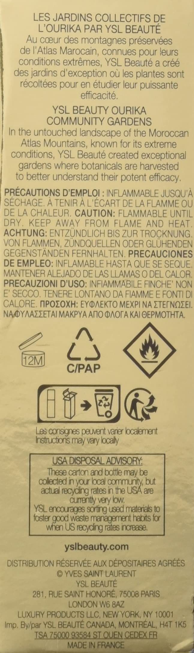 Pagina di testo con informazioni su YSL Beauty, precauzioni e istruzioni per il riciclaggio. Contiene loghi e indirizzi.
