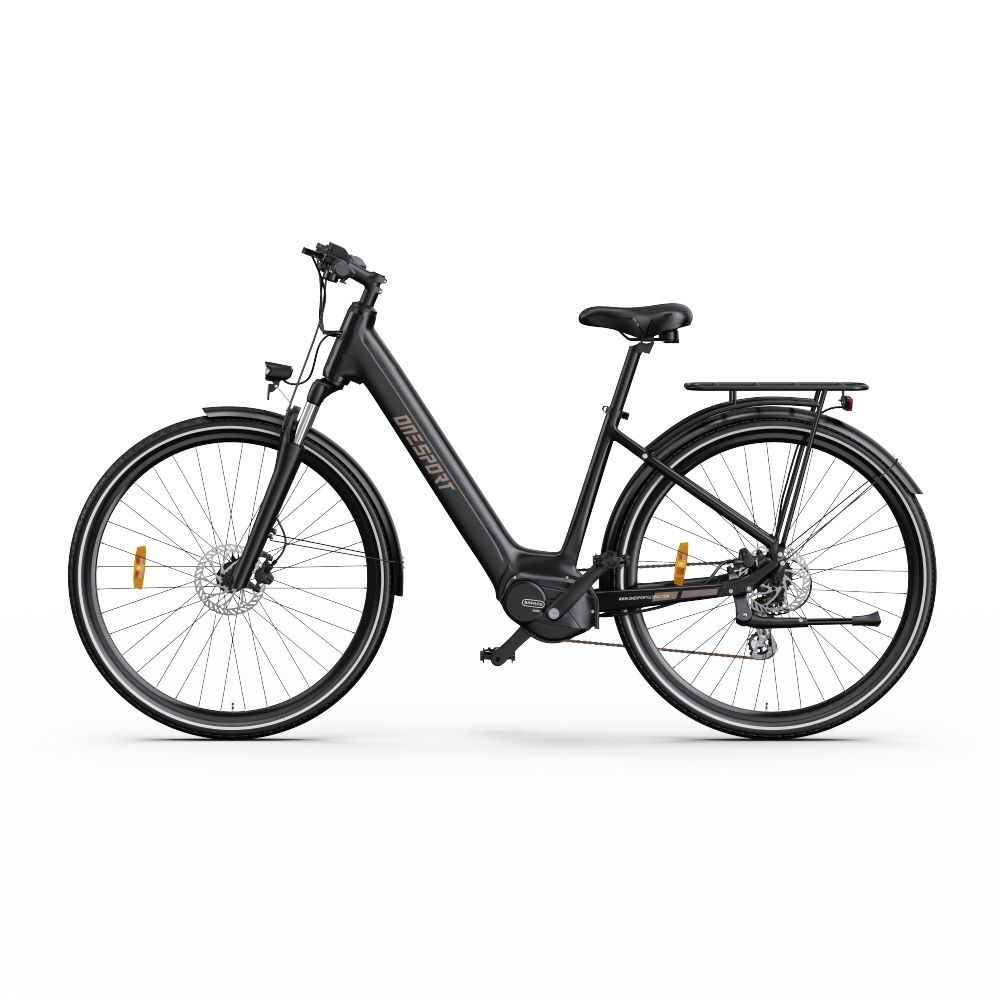 E-bike nera con motore centrale. Ruote, sella, portapacchi e manubrio visibili. "ONESPORT" sul telaio.