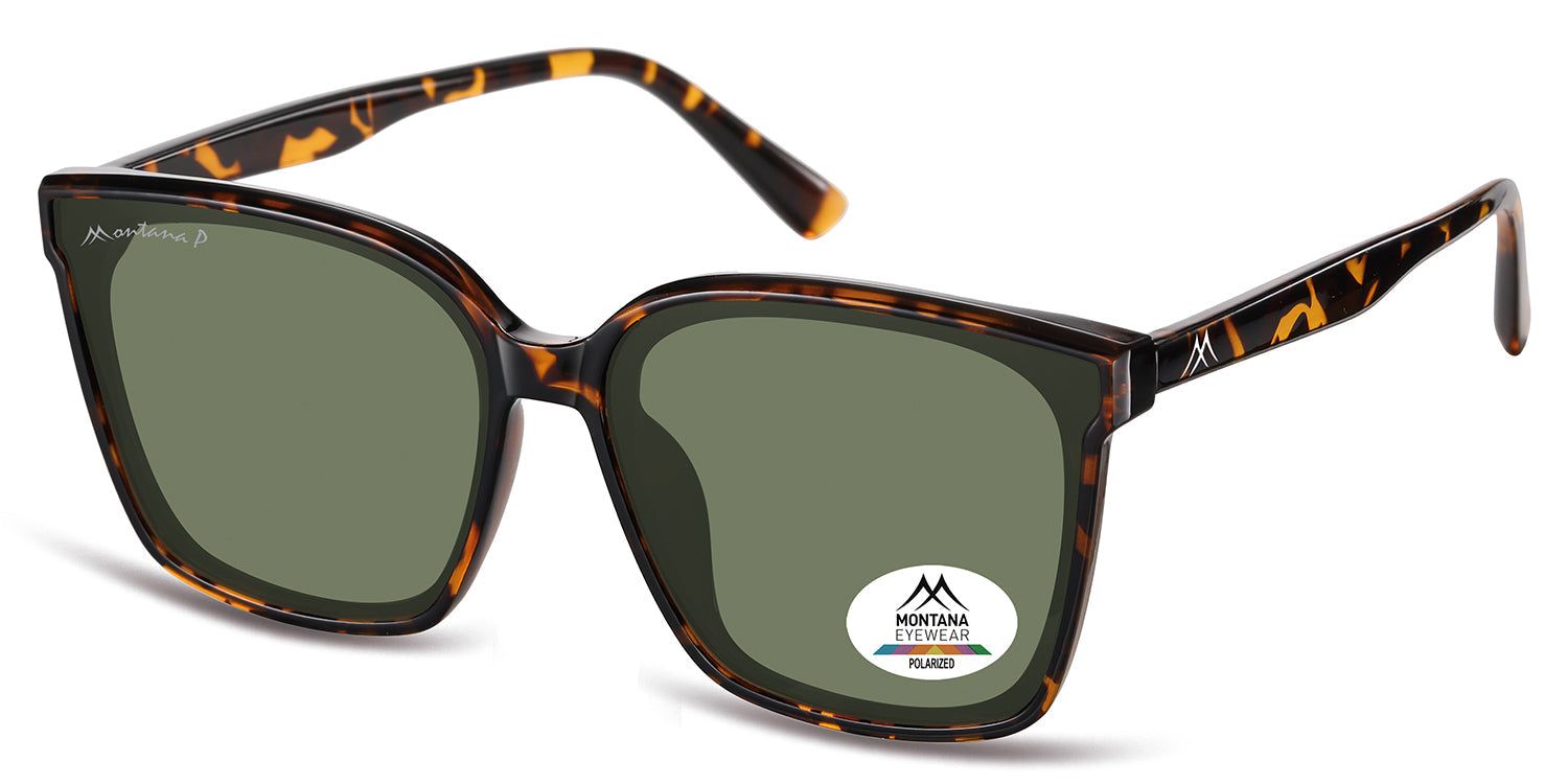Occhiali da sole con montatura marrone e lenti verdi. Il logo "MONTANA EYEWEAR POLARIZED" è visibile su una lente.