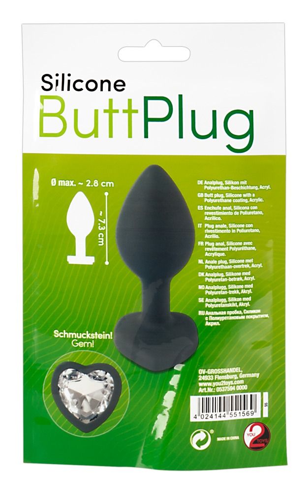 Plug anale in silicone nero con strass a forma di cuore, primo piano.