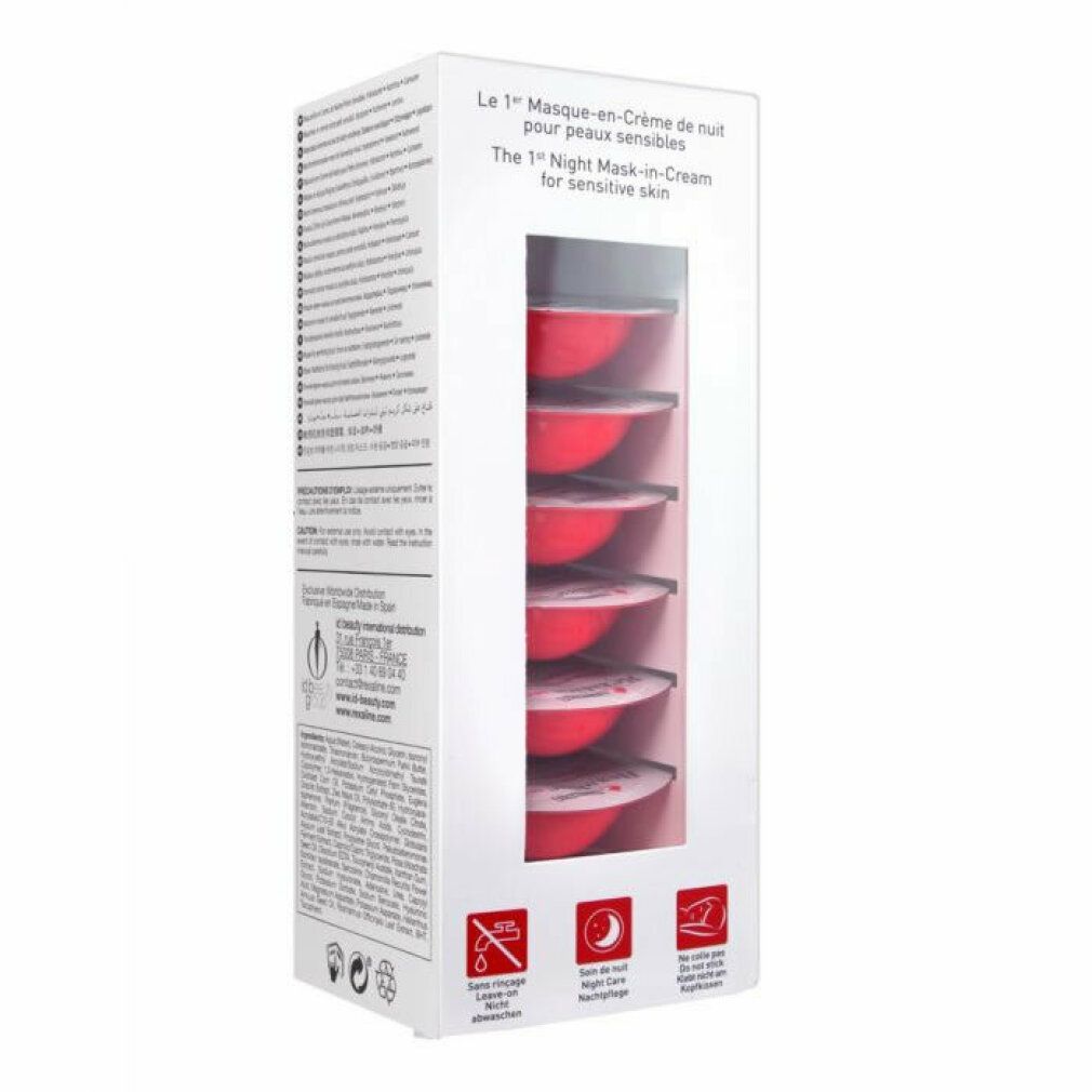 Confezione con sei capsule rosse di maschera-in-crema. Finestra mostra le capsule. Testo: The 1st Night Mask-in-Cream for sensitive skin.