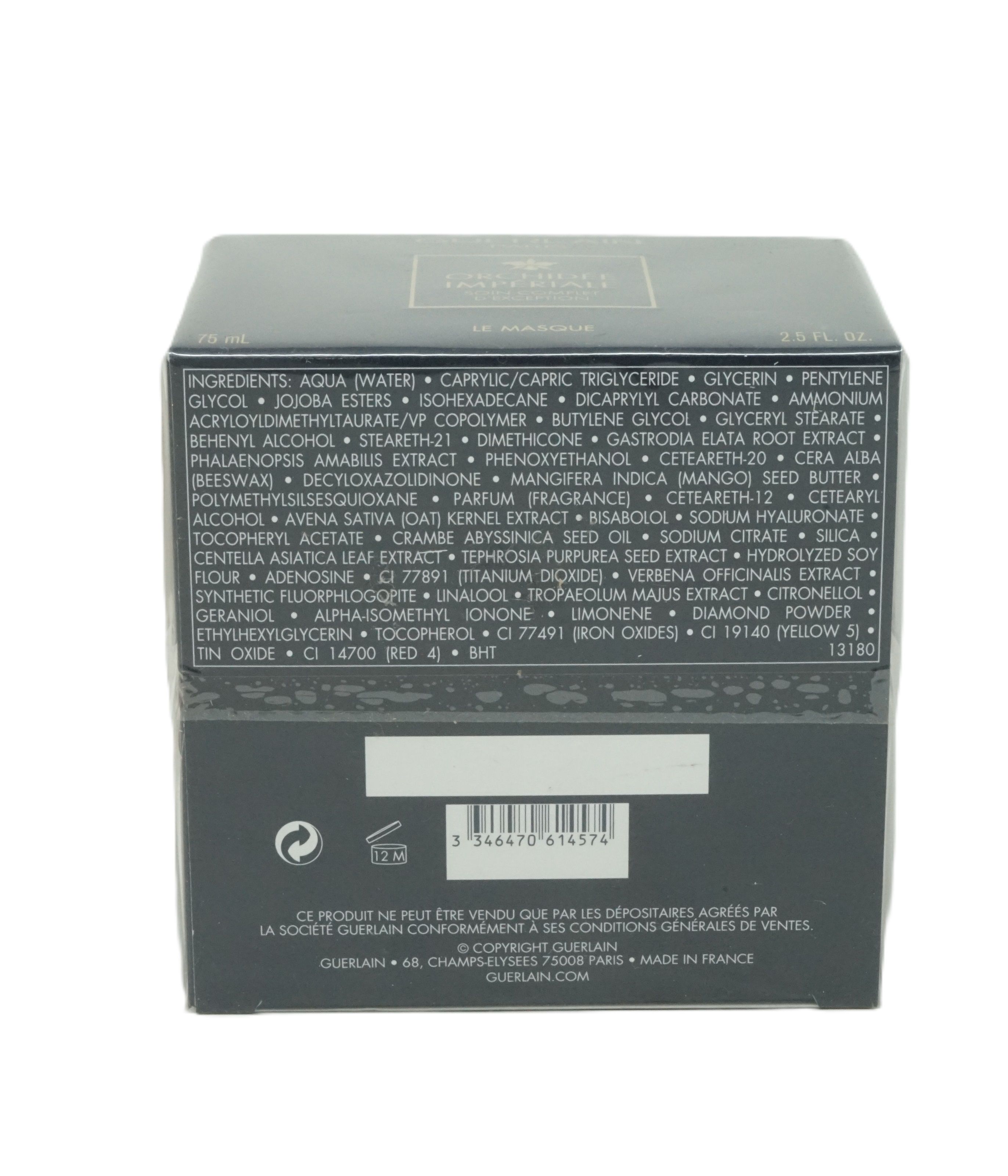 Retro della scatola con ingredienti e informazioni. Contiene testo, codice a barre e logo. Indicazioni di 75 ml e 2.5 FL. OZ.