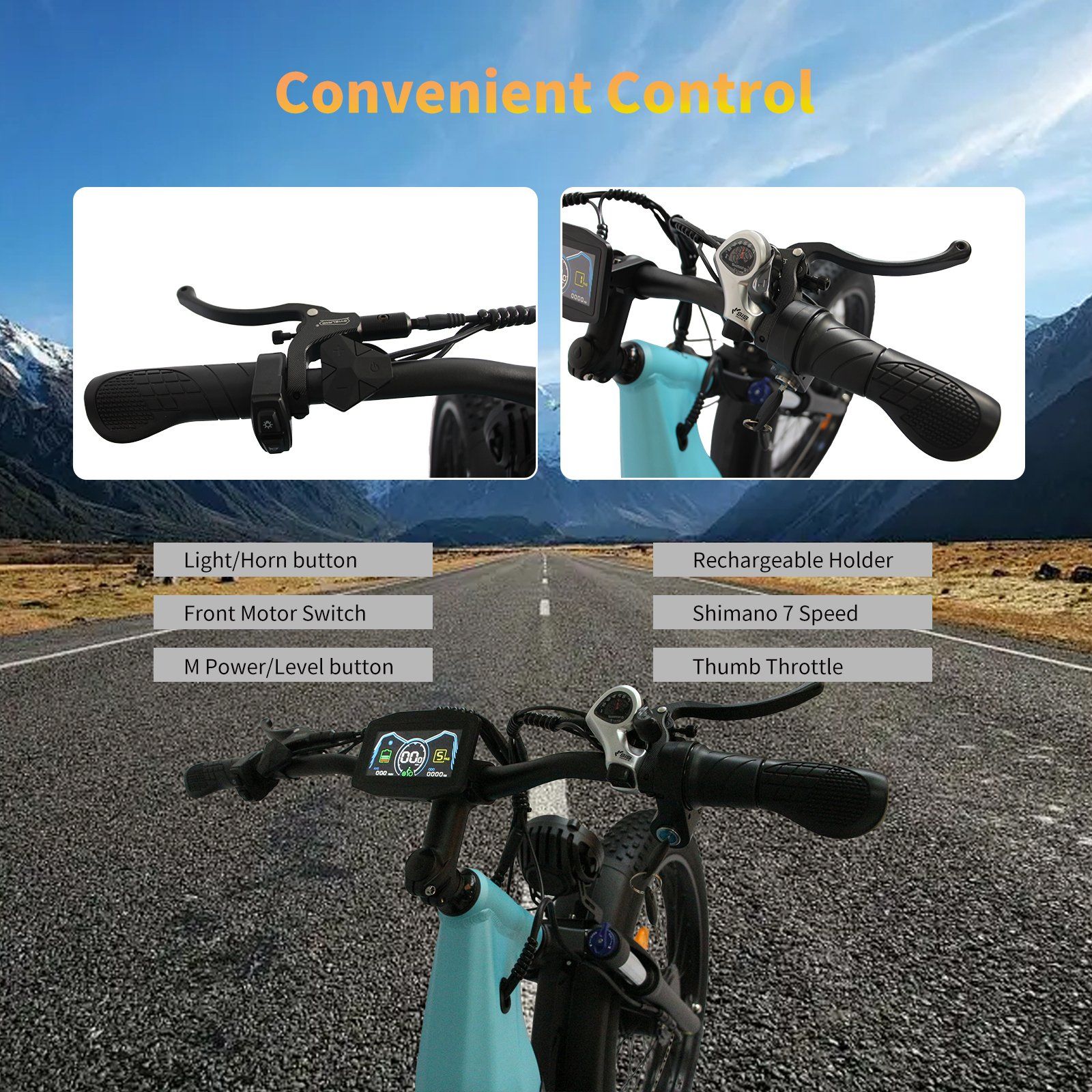 Primo piano del manubrio di una e-bike. Legende: Light/Horn, Front Motor, M Power, Rechargeable Holder, Shimano 7 Speed, Thumb Throttle.