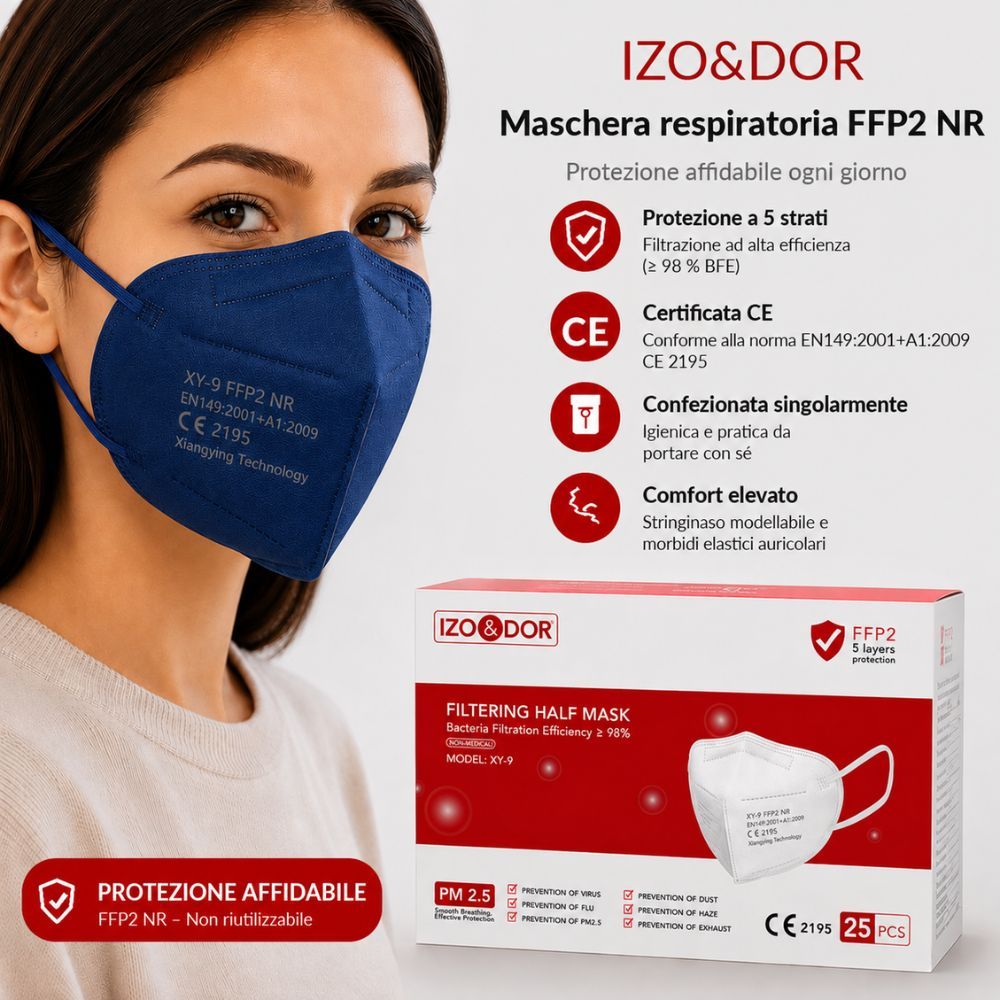 Donna con maschera FFP2 blu scuro. Confezione mostra protezione 5 strati, CE 2195.