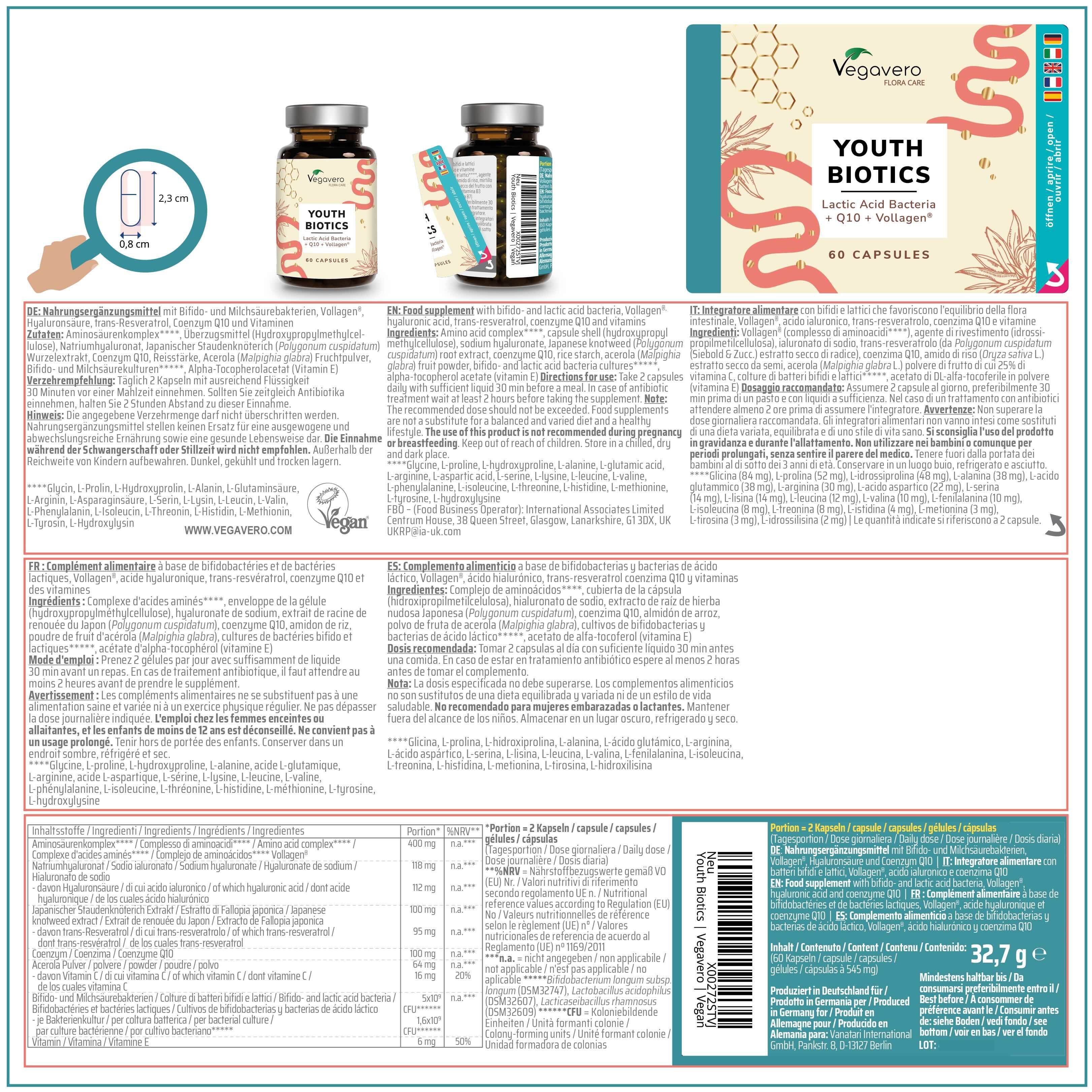 Confezione del prodotto con informazioni. Contiene un flacone e una scatola "Youth Biotics".