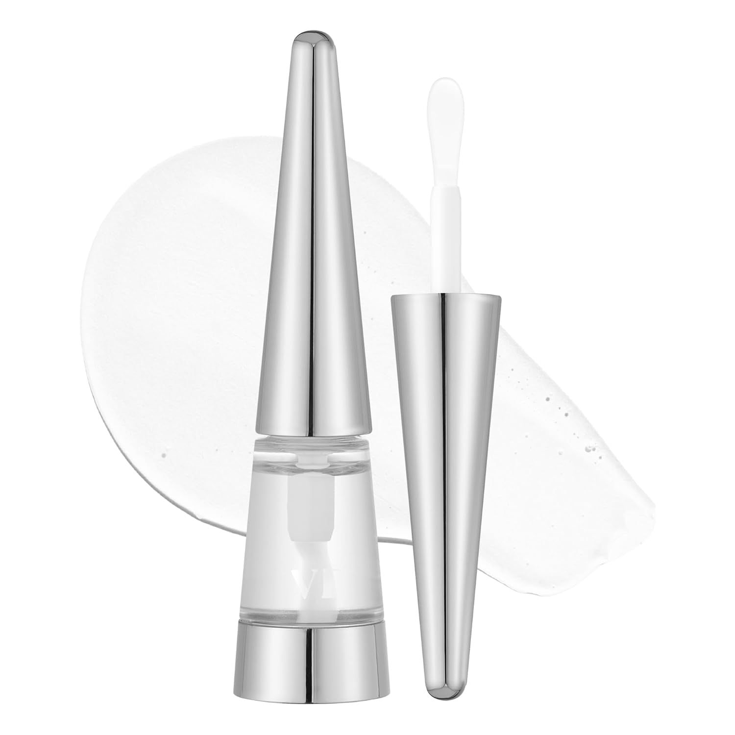 Un flacone di lip plumper con applicatore. Tappo argentato, contenitore trasparente. Prodotto e applicatore.