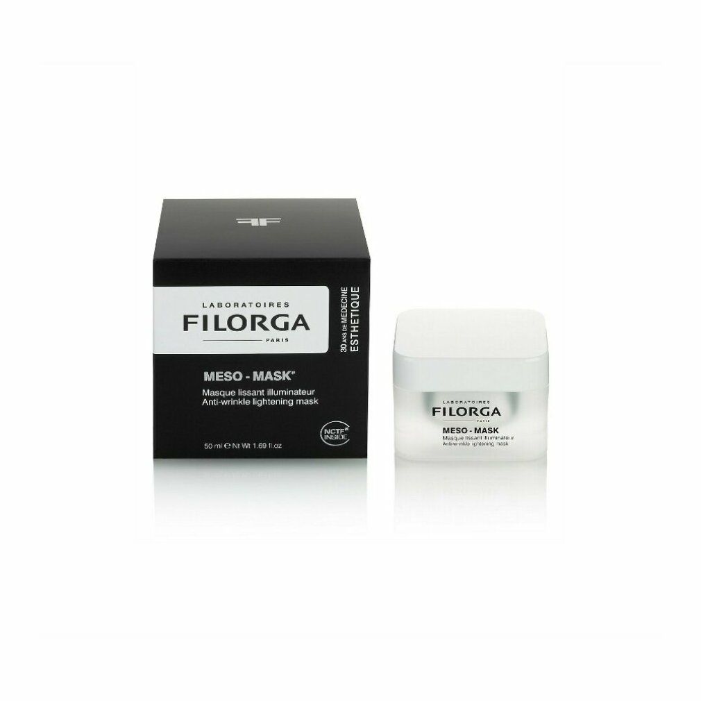 Scatola nera e vasetto bianco. Scritta: FILORGA, MESO-MASK. Maschera illuminante antirughe.