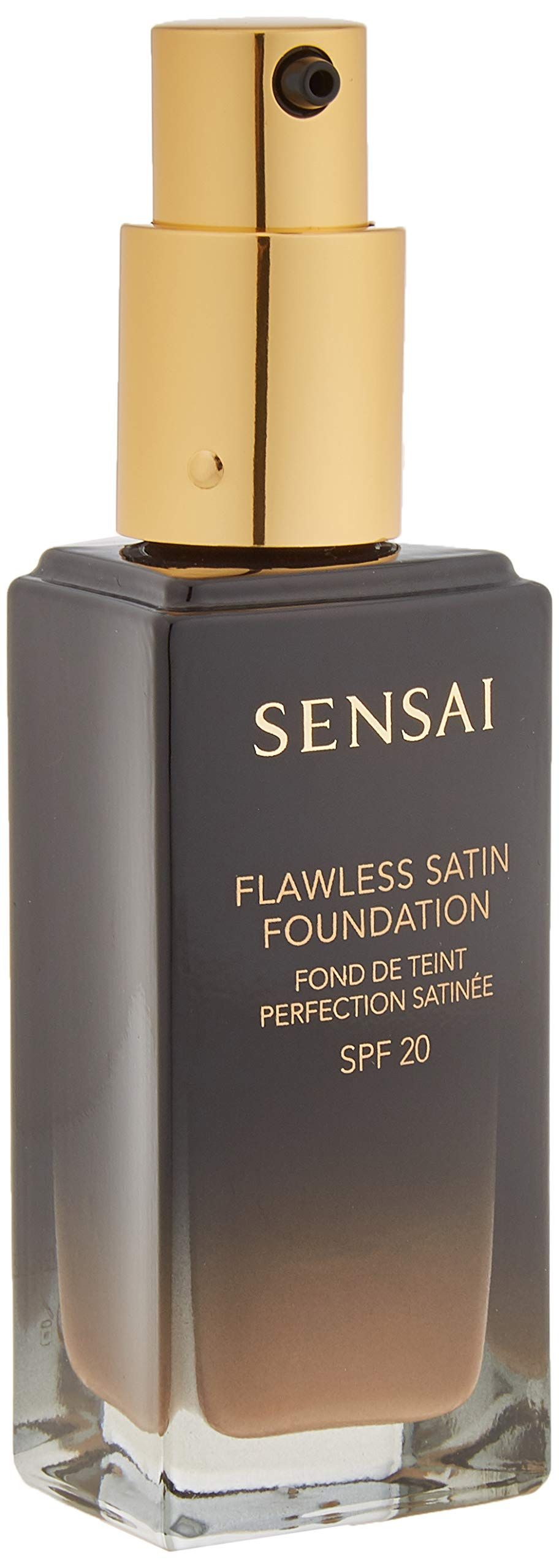 Flacone scuro con testo dorato e vaporizzatore. Scritto: Sensai, Flawless Satin Foundation, Fond de Teint Perfection Satinée, SPF 20.
