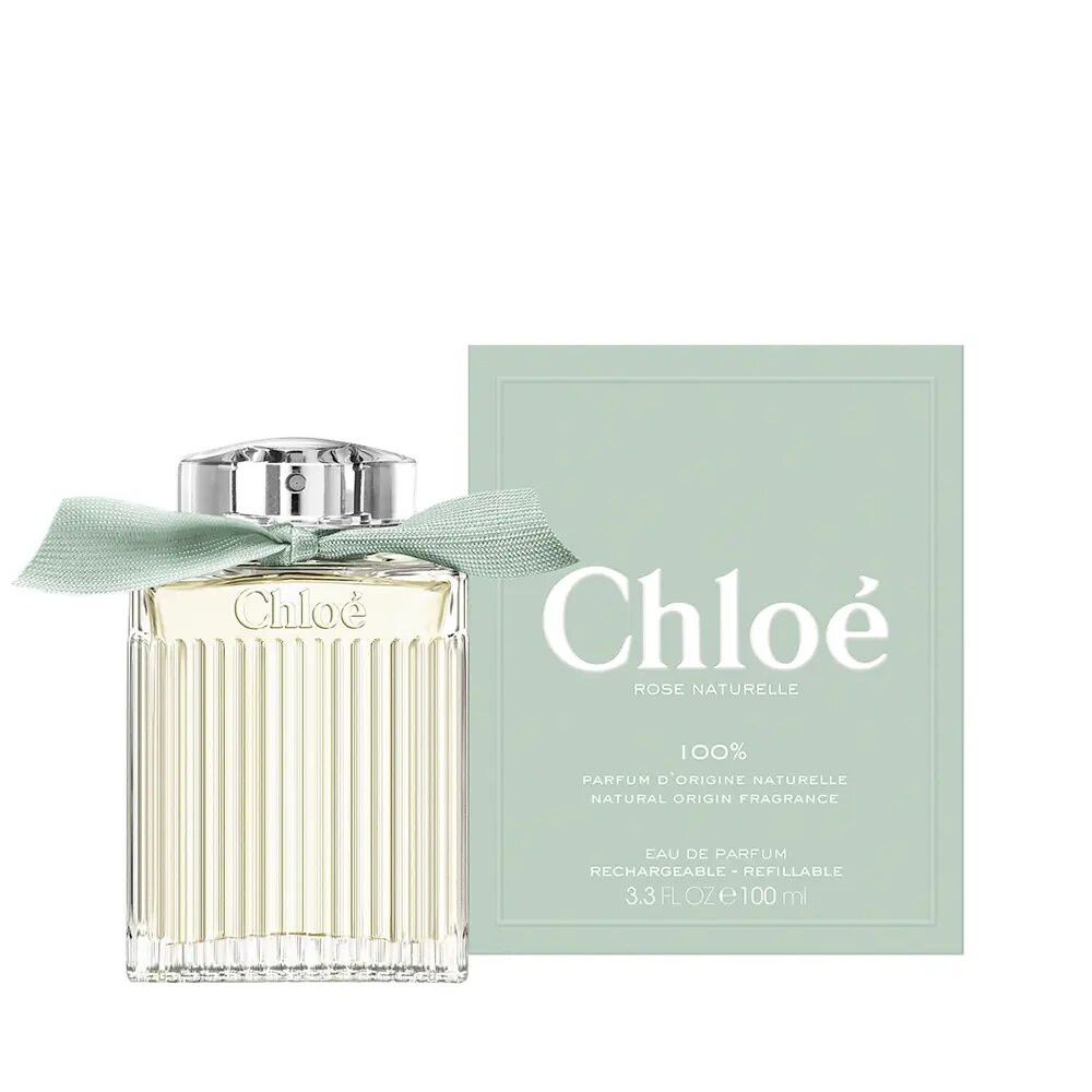 Chloé Rose Naturelle E.d.P. Nat. Spray Ricaricabile. Flacone con nastro verde e confezione. Testo: Chloé, 100%.