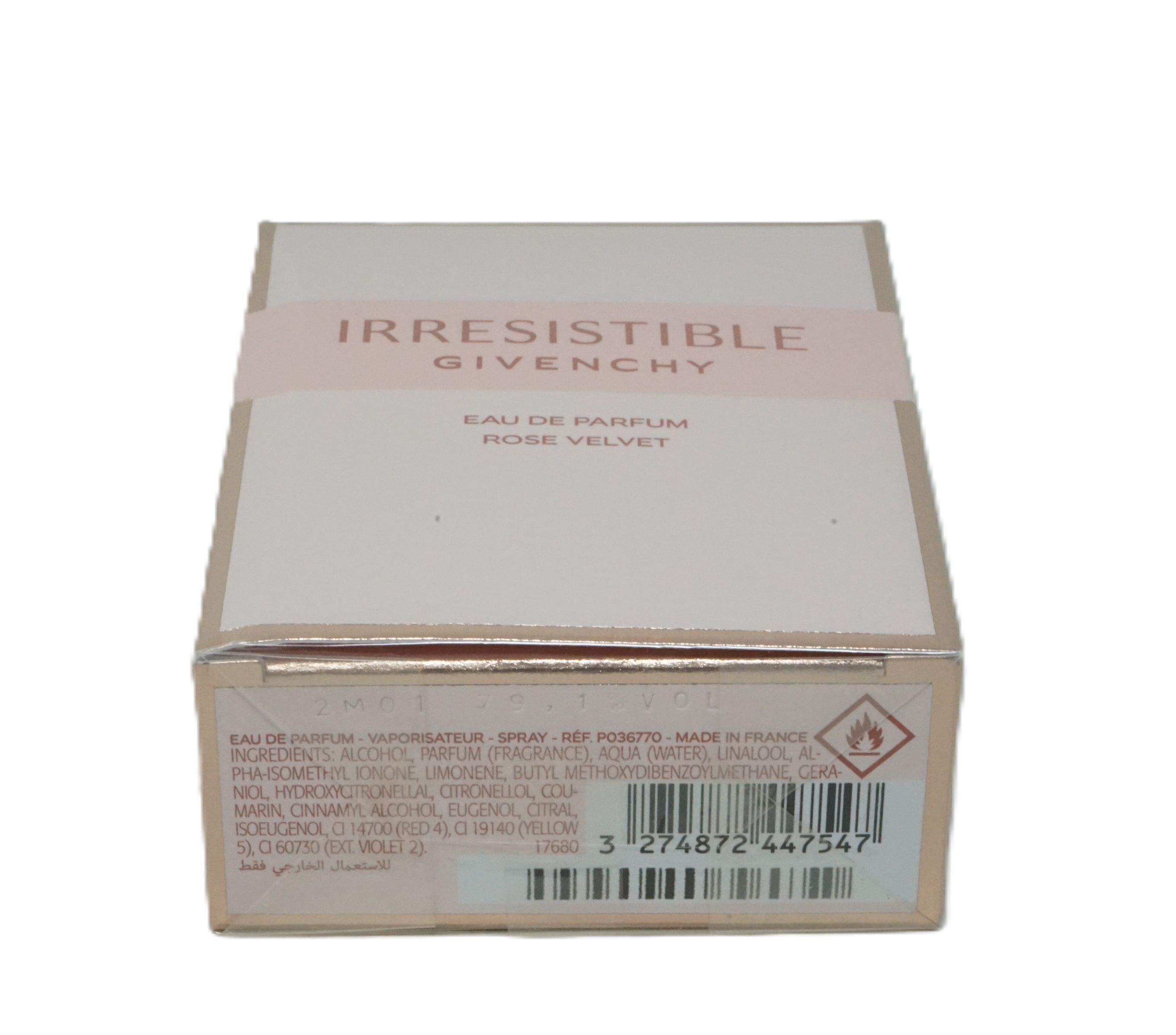 Retro della confezione. Scritta: Irresistible Givenchy Eau de Parfum Rose Velvet. Ingredienti, codice a barre.