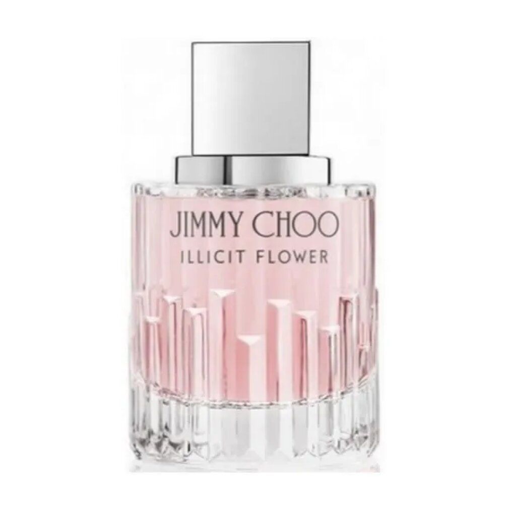 Flacone Jimmy Choo Illicit Flower. Liquido rosa, tappo argento. Design in vetro scanalato.