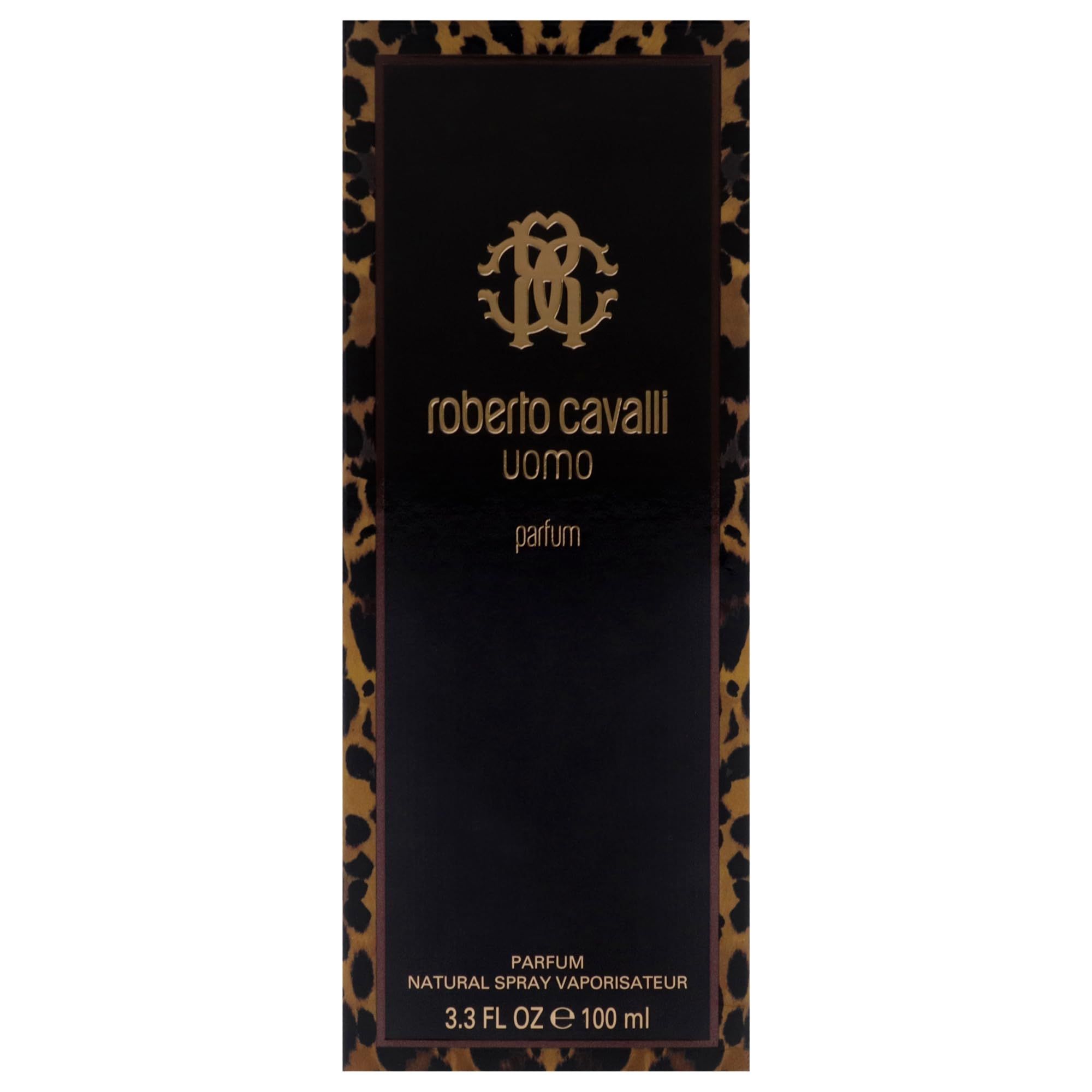 Scatola con motivo leopardato e scritta Roberto Cavalli Uomo.