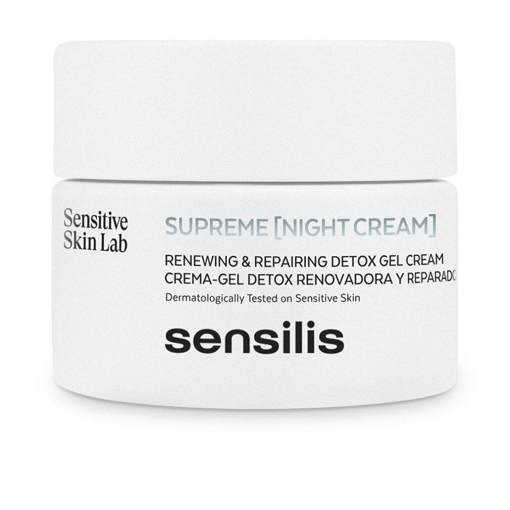 Vasetto bianco con coperchio. Scritta: Supreme [Night Cream], Sensilis. Testo: Renewing & Repairing Detox Gel Cream.