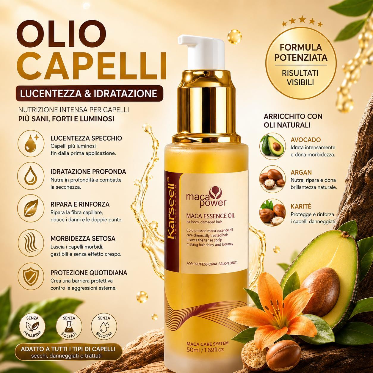 KARSEELL Siero per Capelli con Olio di Argan Idratante Riparatrice Anticrespo Brillantezza