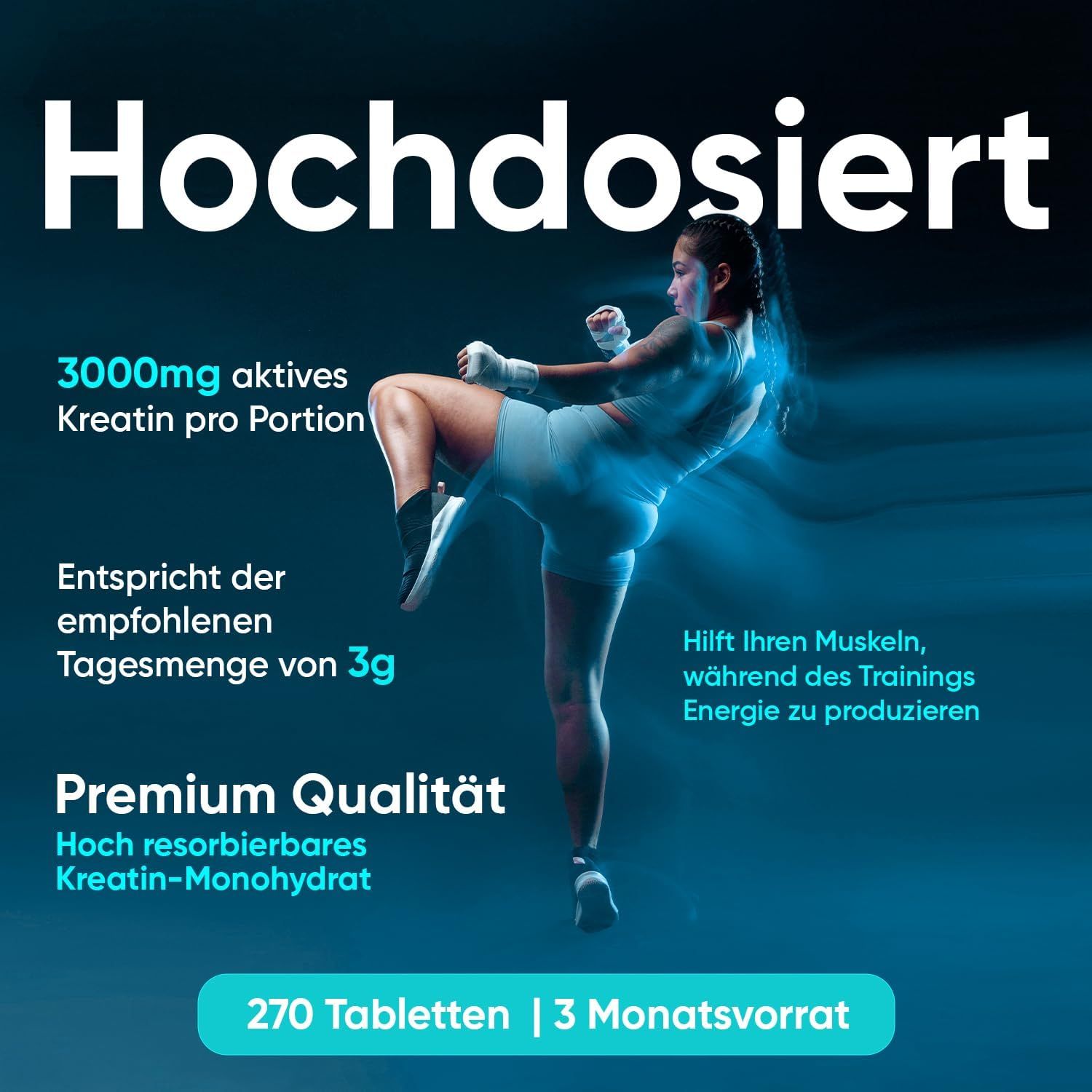 Pubblicità con un'atleta. Testo: 3000mg di creatina attiva per porzione. 270 compresse. 3 mesi di scorta. Qualità premium.
