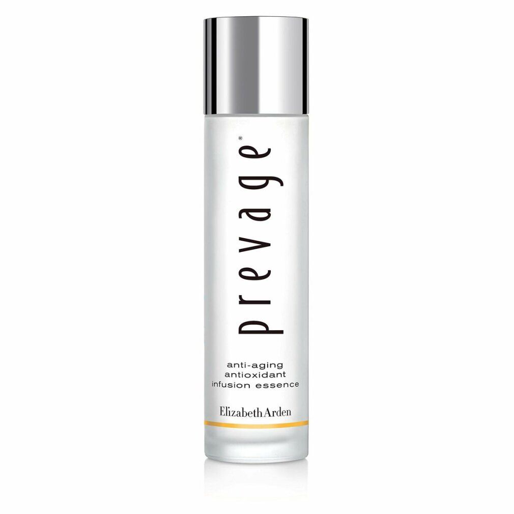 Flacone cilindrico Elizabeth Arden Prevage Essence, tappo argento. Testo: Prevage, Anti-età, Antioxidant infusion essence.
