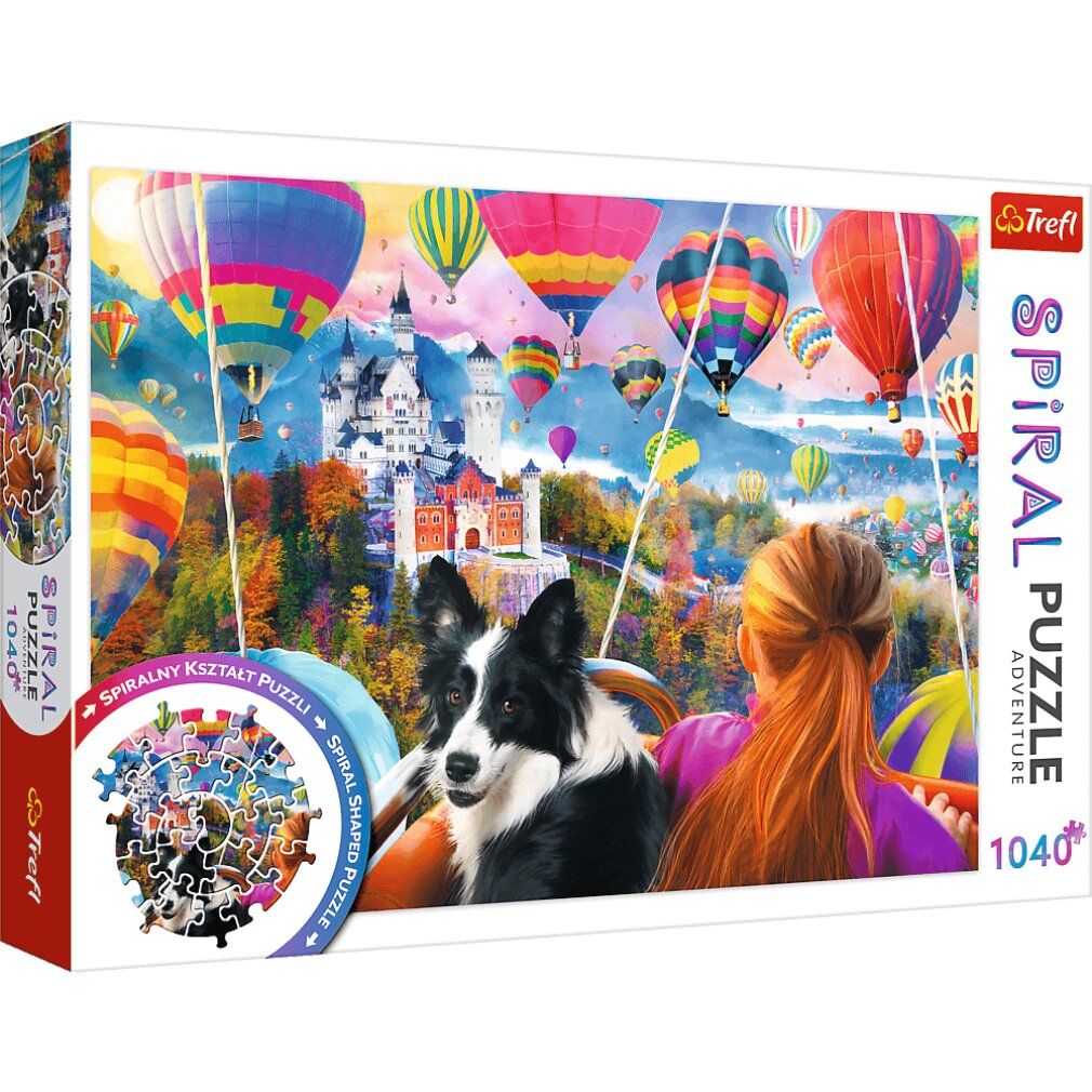 Puzzle da 1040 pezzi. Confezione con immagine di mongolfiere, castello e cane. Marchio Trefl.