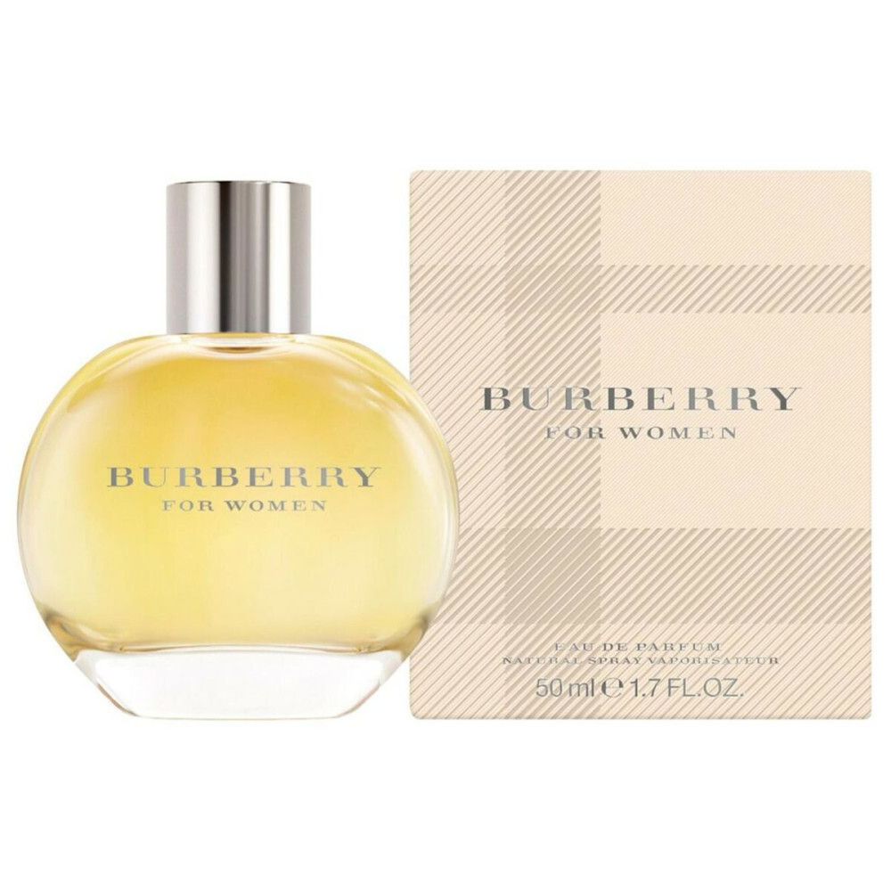 Flacone rotondo con tappo argentato e scatola. Scritta: Burberry for Women. 50 ml.