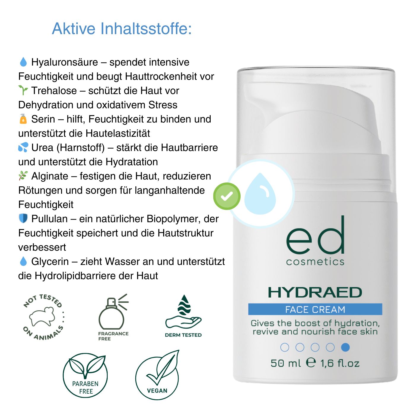 Flacone di crema bianco con dosatore a pompa. Scritta: ed cosmetics, HYDRAED FACE CREAM. Ingredienti: acido ialuronico, trealosio, ecc.