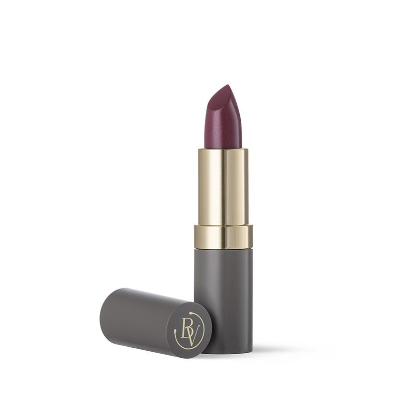 Rossetto aperto. Stick rosso scuro, corpo dorato, astuccio grigio. Tappo accanto. Logo "BV".