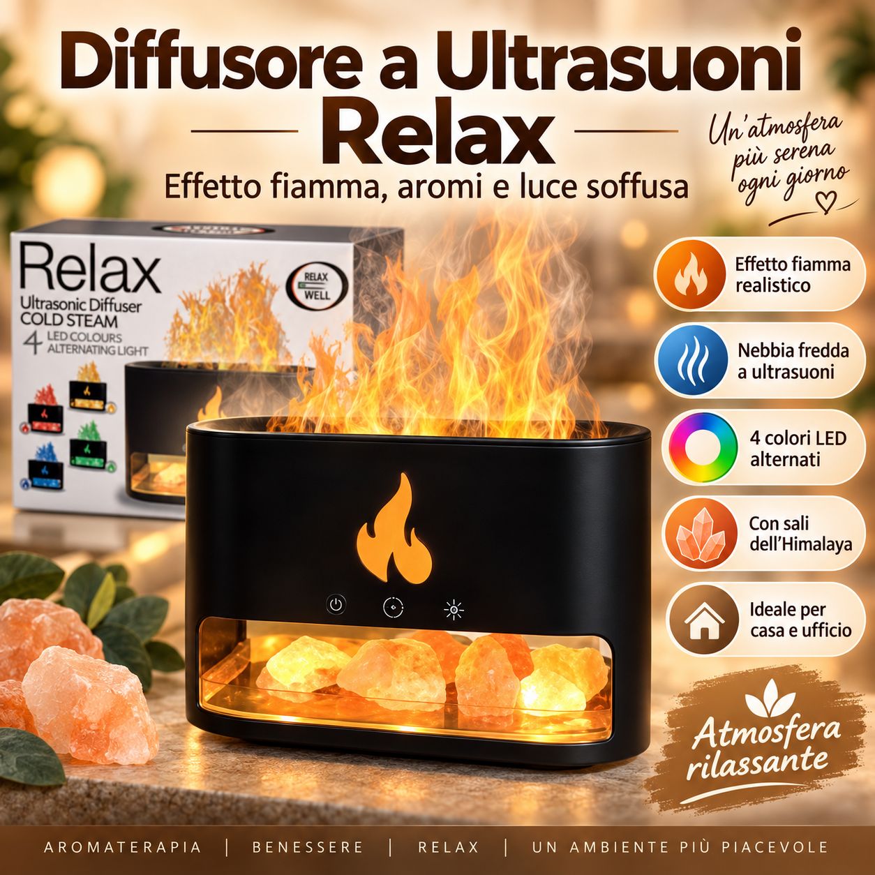 Diffusore a ultrasuoni nero con effetto fiamma e cristalli di sale dell'Himalaya.