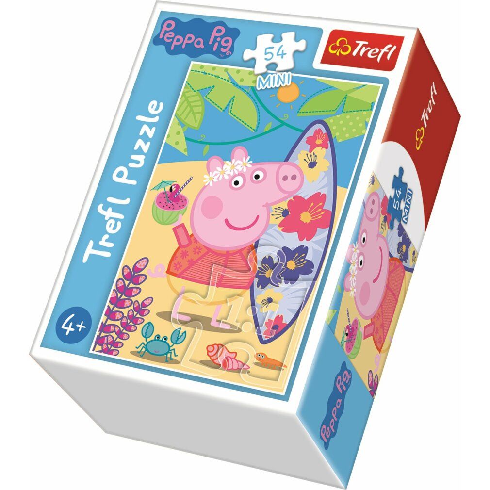 Scatola puzzle con Peppa Pig sulla spiaggia. Scritto: 54 pezzi, Mini, Trefl Puzzle. Età consigliata: 4+