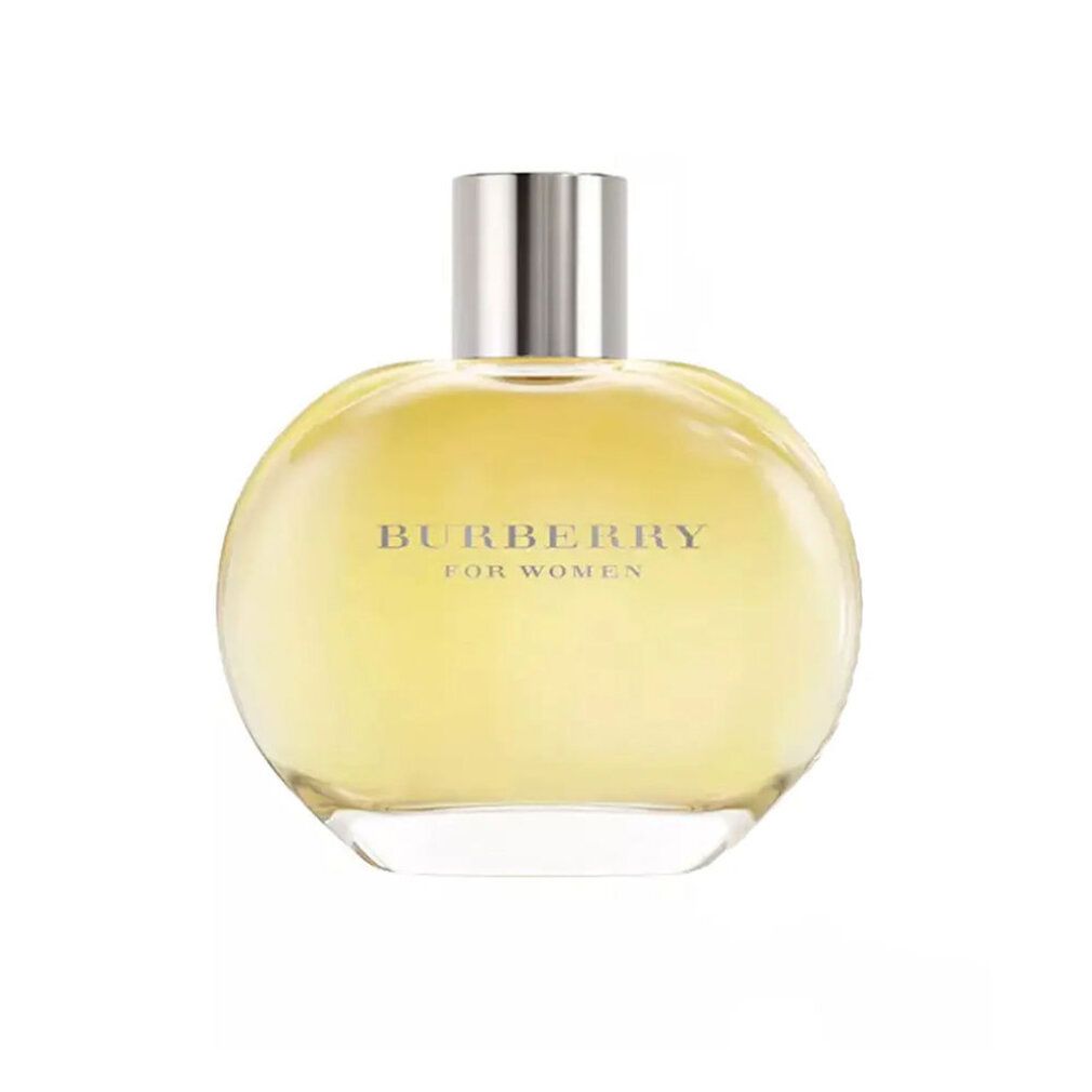 Flacone rotondo con tappo argentato. Scritta: BURBERRY FOR WOMEN. Liquido giallo visibile.