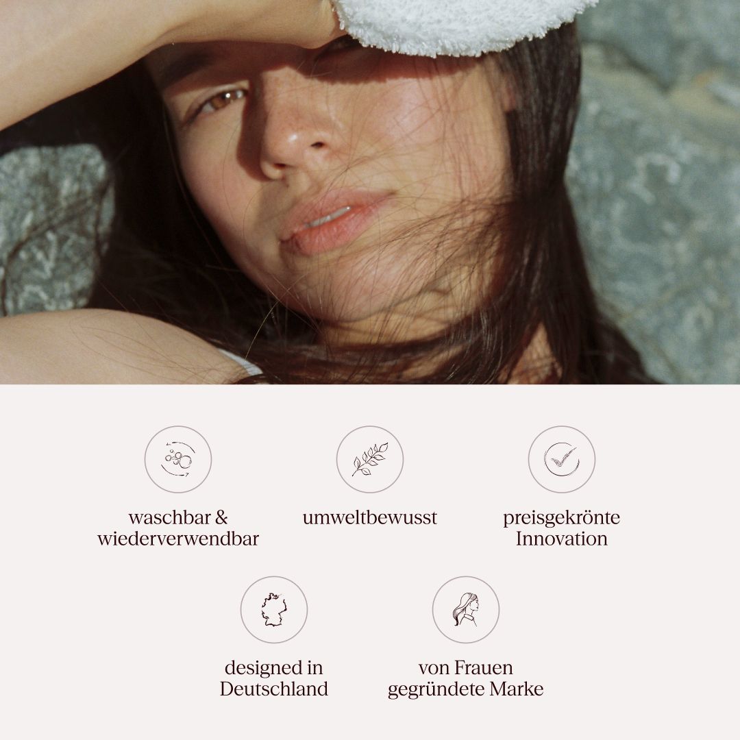 Donna con pad. Testo: Lavabile, rispettoso dell'ambiente, innovazione premiata, progettato in Germania, marchio femminile.