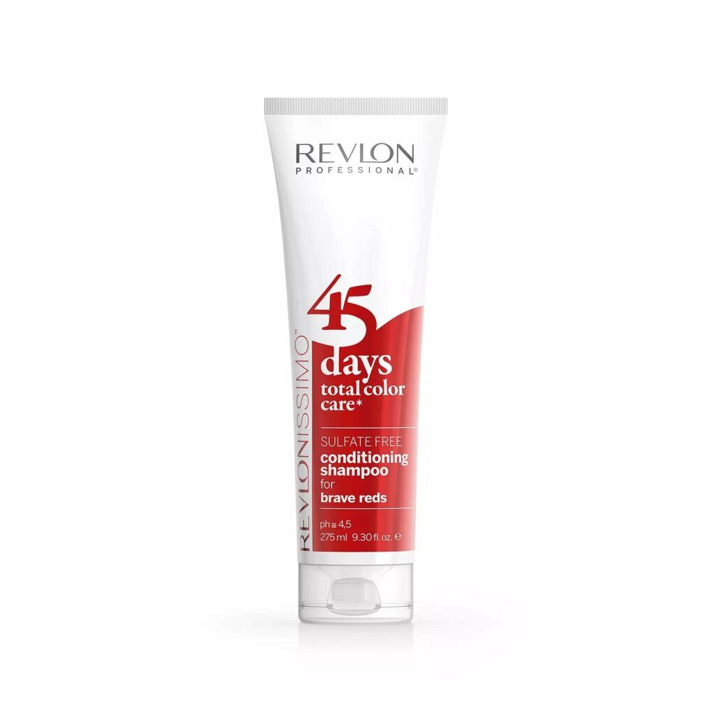 Tubo bianco Revlon Revlonissimo 45 Days. Scritta rossa: "Sulfate Free Conditioning Shampoo for brave reds". Contenuto: 275ml.