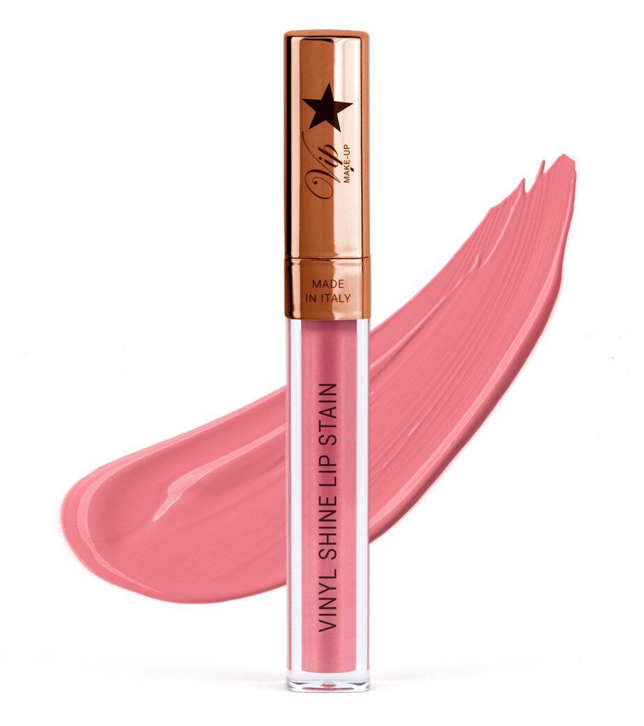 Un rossetto rosa dalla texture brillante con applicatore dorato. Sul contenitore sono stampati "Vinyl Shine Lip Stain" e "Made in Italy".
