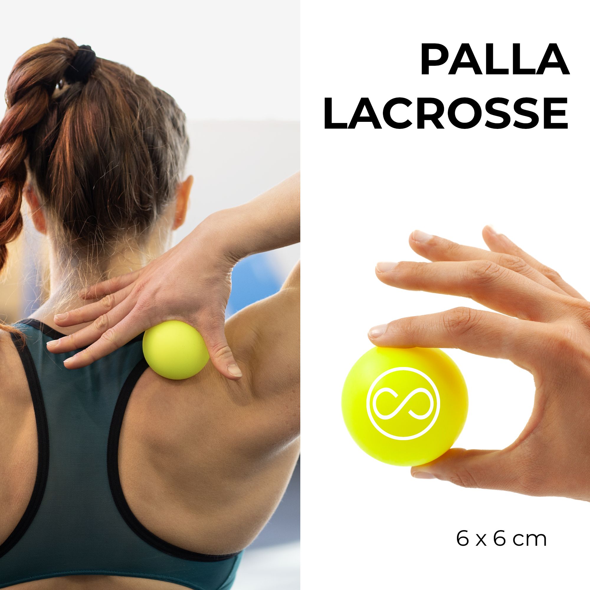Palla lacrosse gialla (6x6 cm) in mano, usata sul collo.