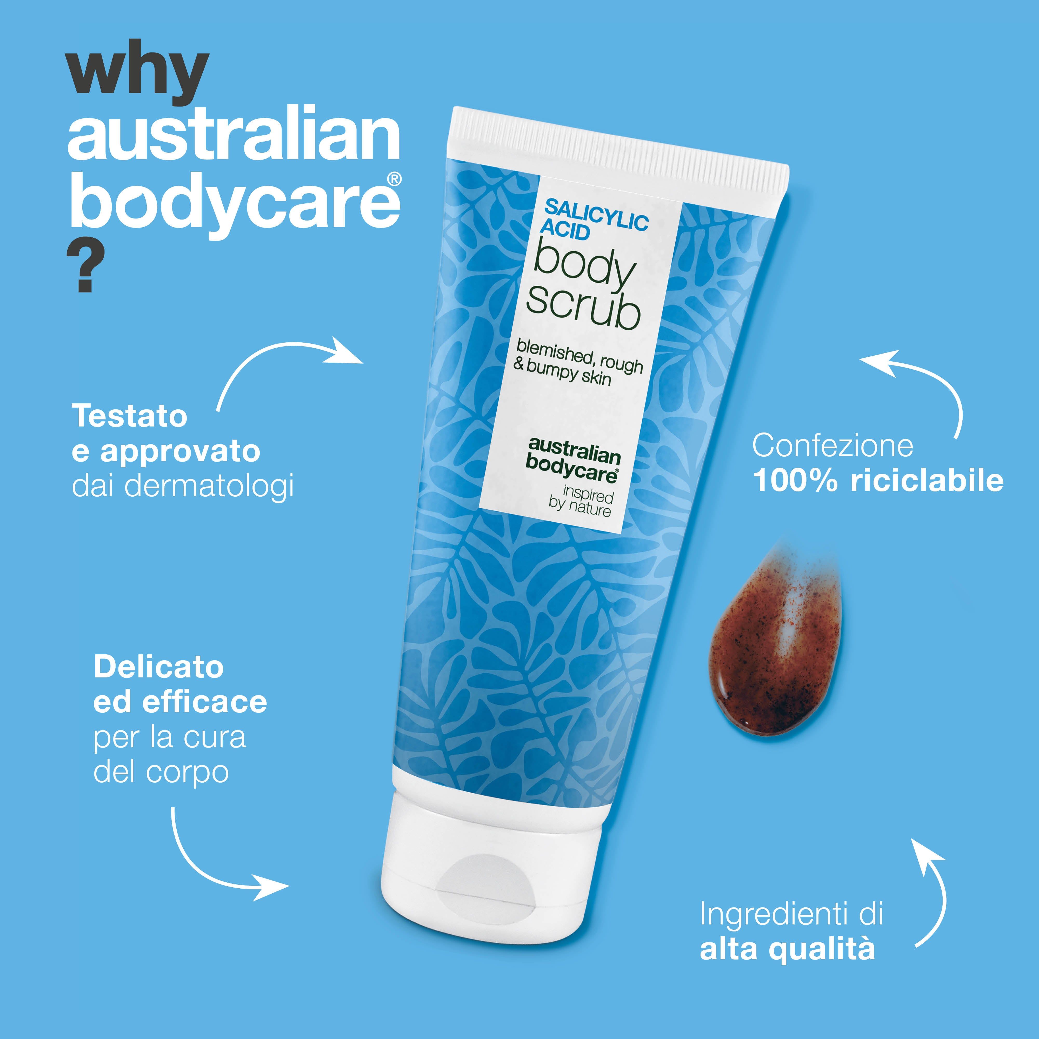 Tubo del prodotto con testo: Salicylsäure Body Scrub. Marchio: Australian Bodycare. Testo: Why Australian Bodycare? Scrub marrone.